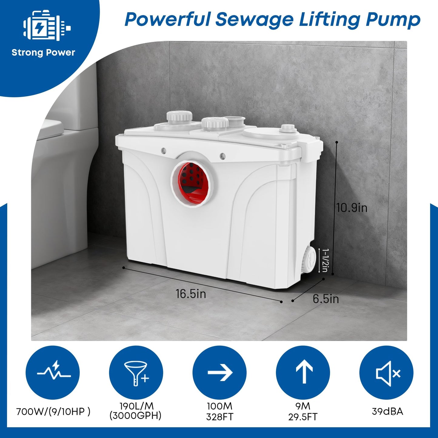 Dreamsani 700W Macerator Pump for Upflush Toilet, Energy-Saving Pump,Waste Water Disposal Pump Toilet Sink Shower Laundry Kitchen Basement
