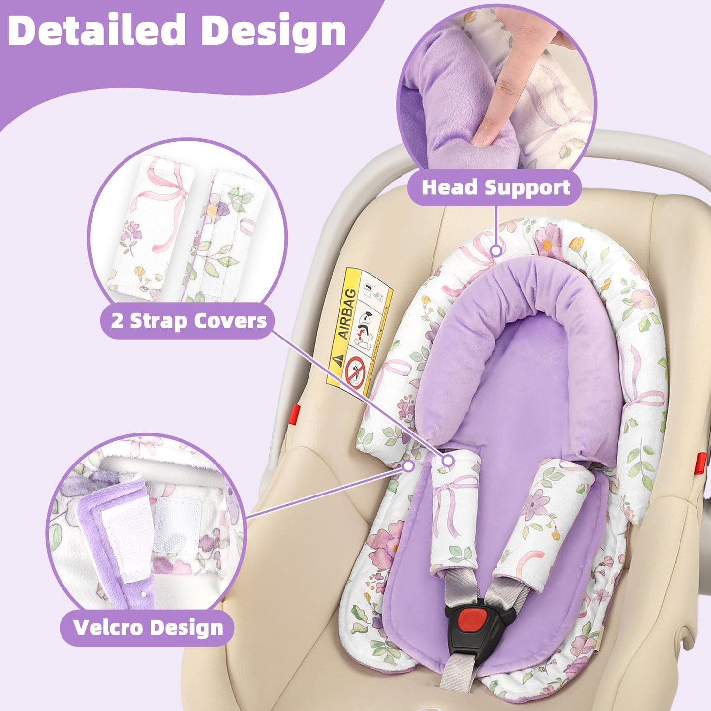SWESEN Infant Car Seat Insert & Strap Covers, Car Seat Head Support for Baby Girls, 2 in 1 Soft Plush Car Seat Insert for Newborns, for Infants Aged 0-12, Purple Bow