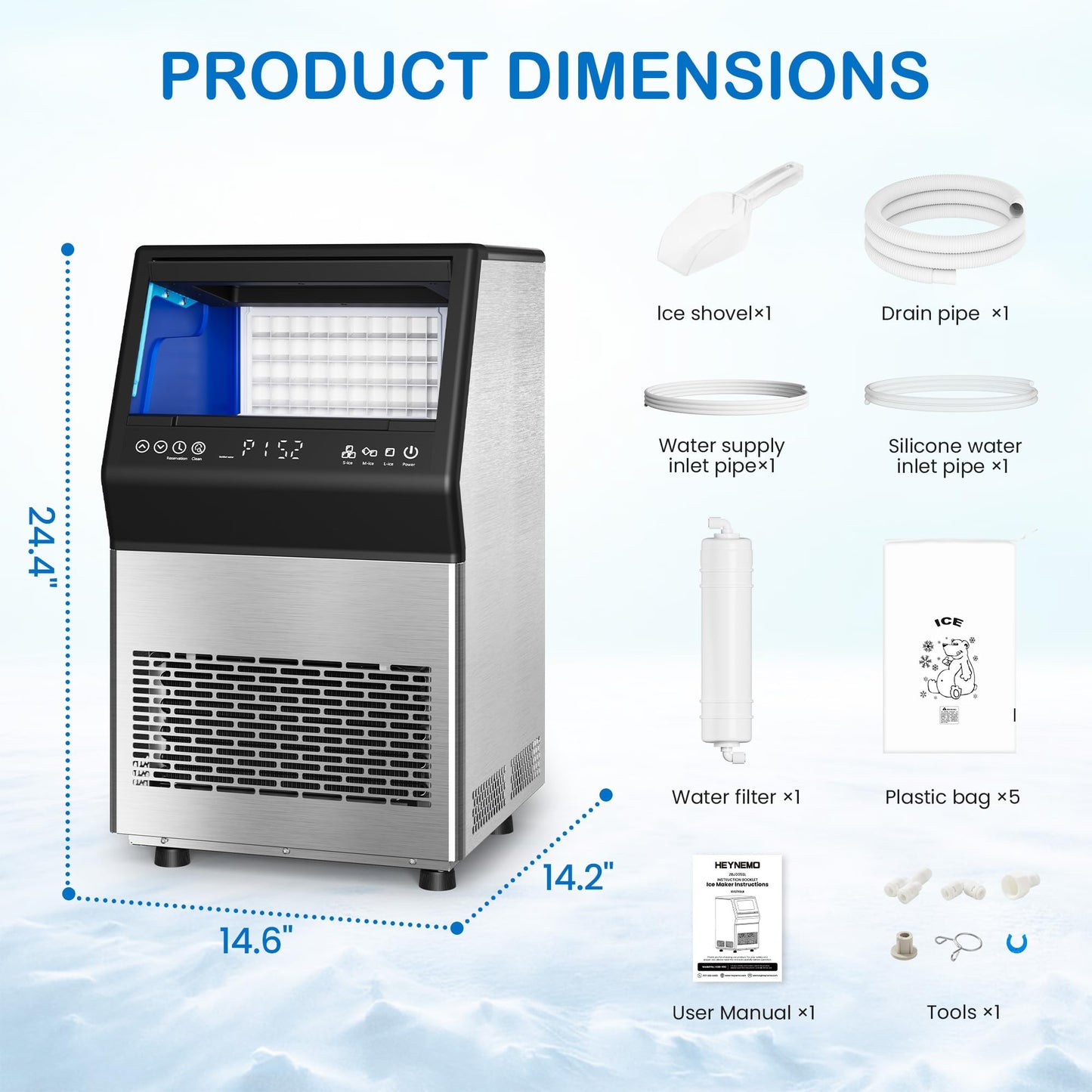 Commercial Ice Maker Machine, 110Lbs/24H Stainless Steel Undercounter Freestanding Ice Maker with 12Lbs Storage Capacity, Self-Cleaning, LED Digital Display, 45 Ice Cubes 8Mins, Home/Bar/Restaurant