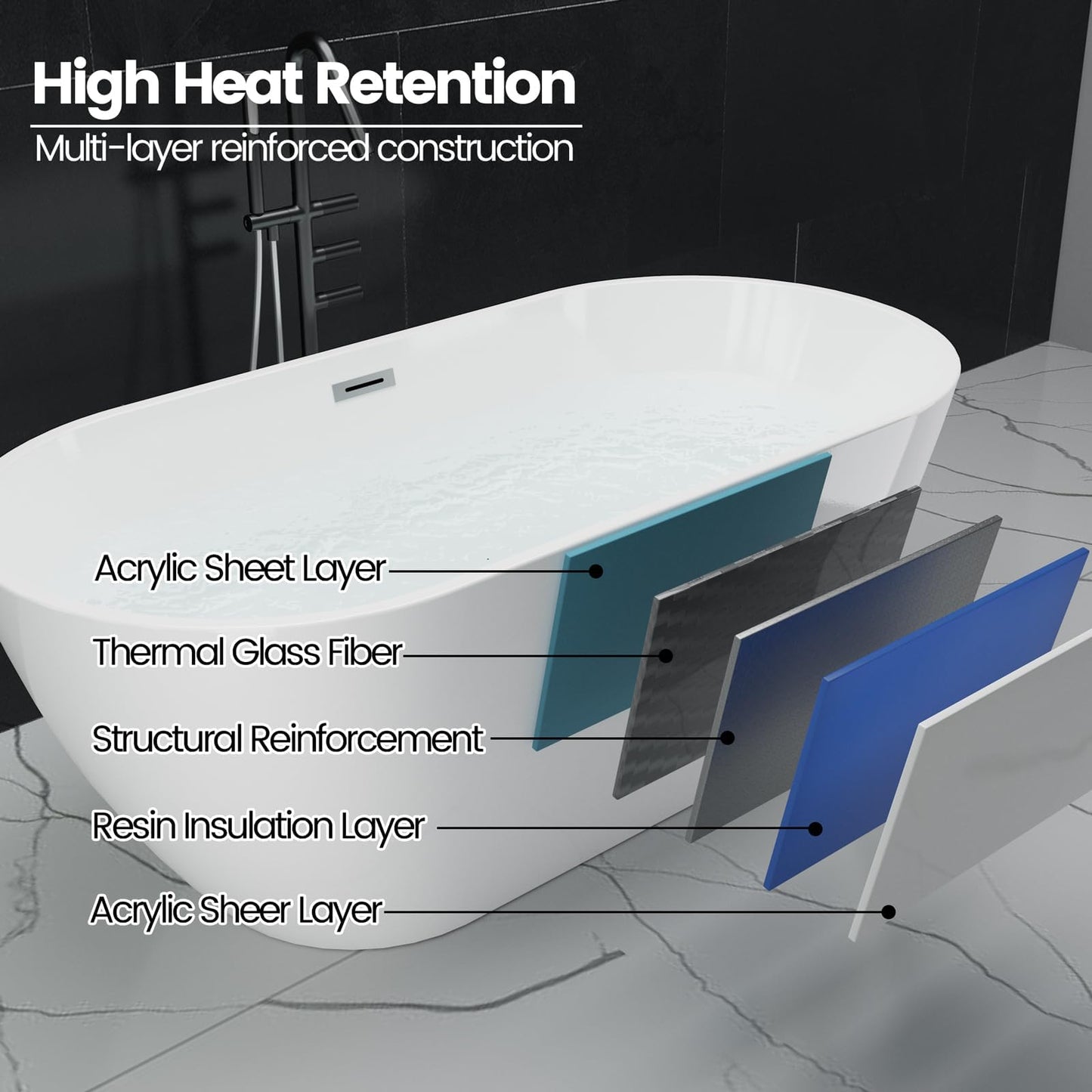 67" Free Standing Tub, Acrylic Freestanding Bathtub, Modern Soaking Tub with Integrated Overflow and Drain, White Bathroom Fixture, Stand Alone Bathtub, CUPC Certified, MB