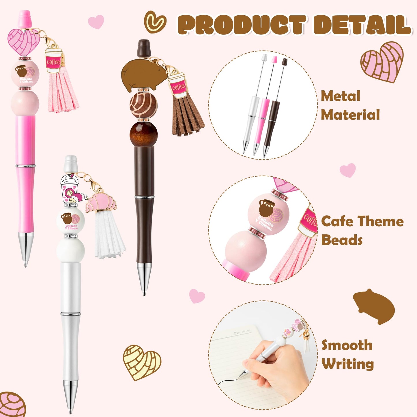 QIMGIC Cafecito Beadable Pens Kit - 12 Set Funny Cafecito Chisme DIY Ballpoint Pen Making with Bead Craft, Coffee Party Beaded Pen Bulk Charm Tassel Supplies for Women School Students Gift