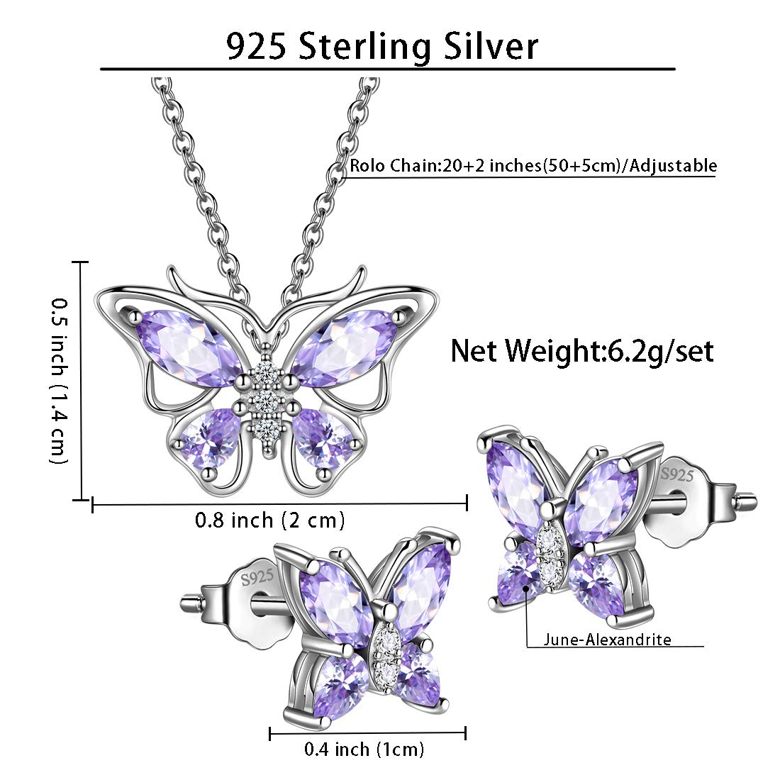 Hipunk Butterfly Blue Jewelry Sets Birthstone Women 925 Sterling Silver June-Alexandrite Birth Stone Animal Butterflies Jewelry Sets/Earring Set Crystal Birthday Jewelry SS0001U