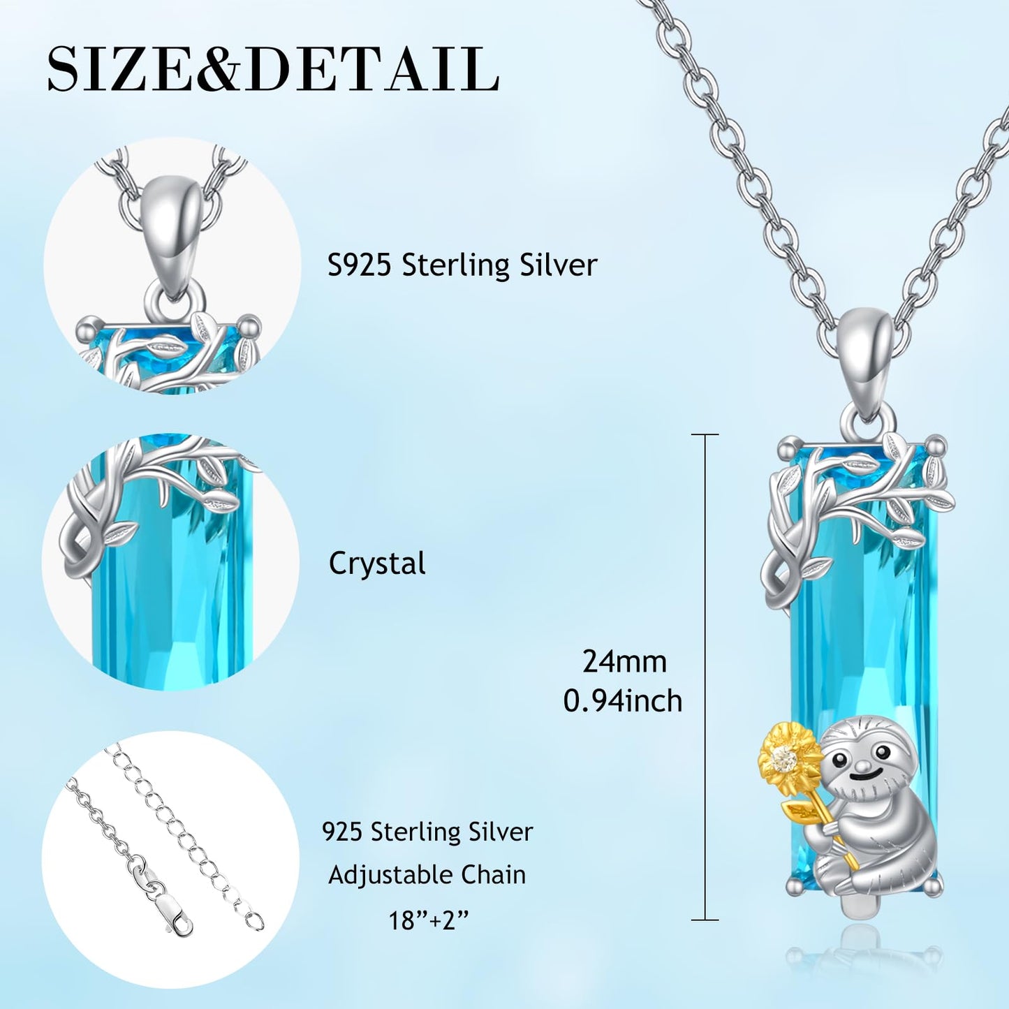 AENEAS Sloth Necklace for Women 925 Sterling Silver Sloth Pendant Necklace Blue Crystal Jewelry Sloth Gifts for Her Daughter Wife Women