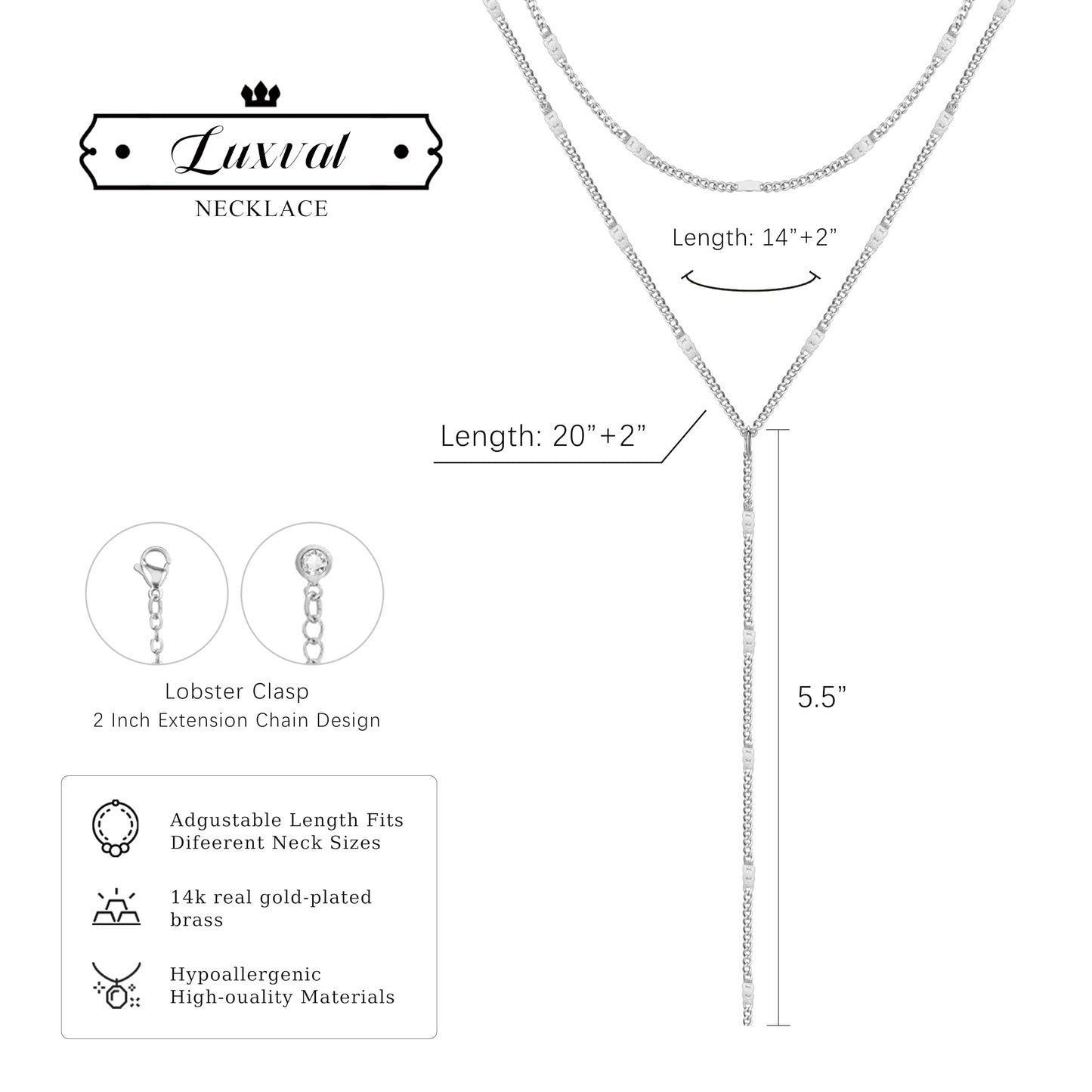 Luxval Layered Silver Necklace for Women 14K Silver Long Necklaces Y-Shaped Necklace Trendy Layered Chain Necklaces for Women Gift Jewelry