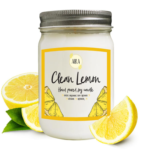 Aira Soy Candle – Clean Lemon – 12 oz Mason Jar – Hand-Poured USA – Long-Lasting Vegan Soy Wax Candle – Fresh Citrus Aromatherapy – Paraffin-Free, Kosher, Cruelty-Free