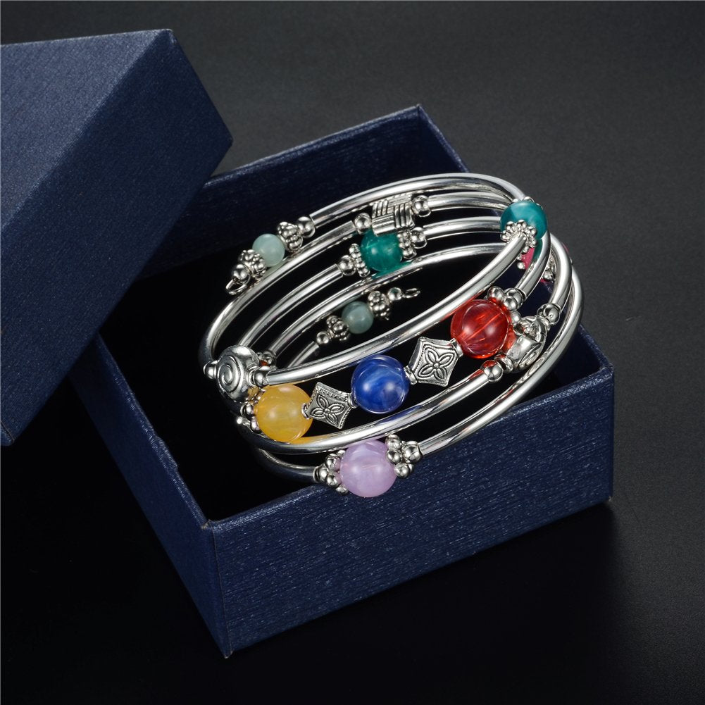Beaded Pearl Bangle Wrap Bracelet - Fashion Bohemian Jewelry Multilayer Charm Bracelet with Thick Silver Metal Beads, Gift For Women(Colorful)