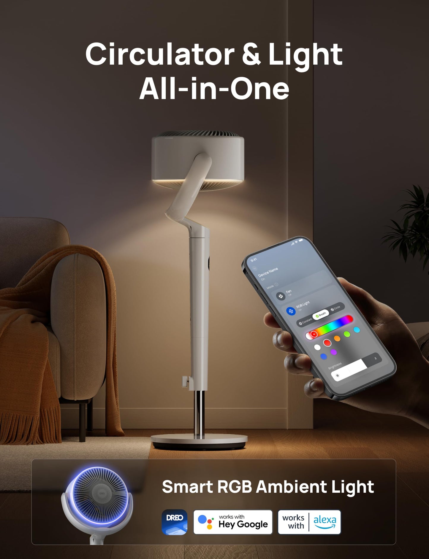 Dreo Smart Fan for Bedroom, 120° +120° Omni-Directional Oscillating Fans, 100ft Quiet Pedestal Fan with RGB Light, 9 Speeds, 6 Modes, 20dB, 8H Timer, Wi-Fi/Voice/Alexa, 37-42" Floor Fans with Remote