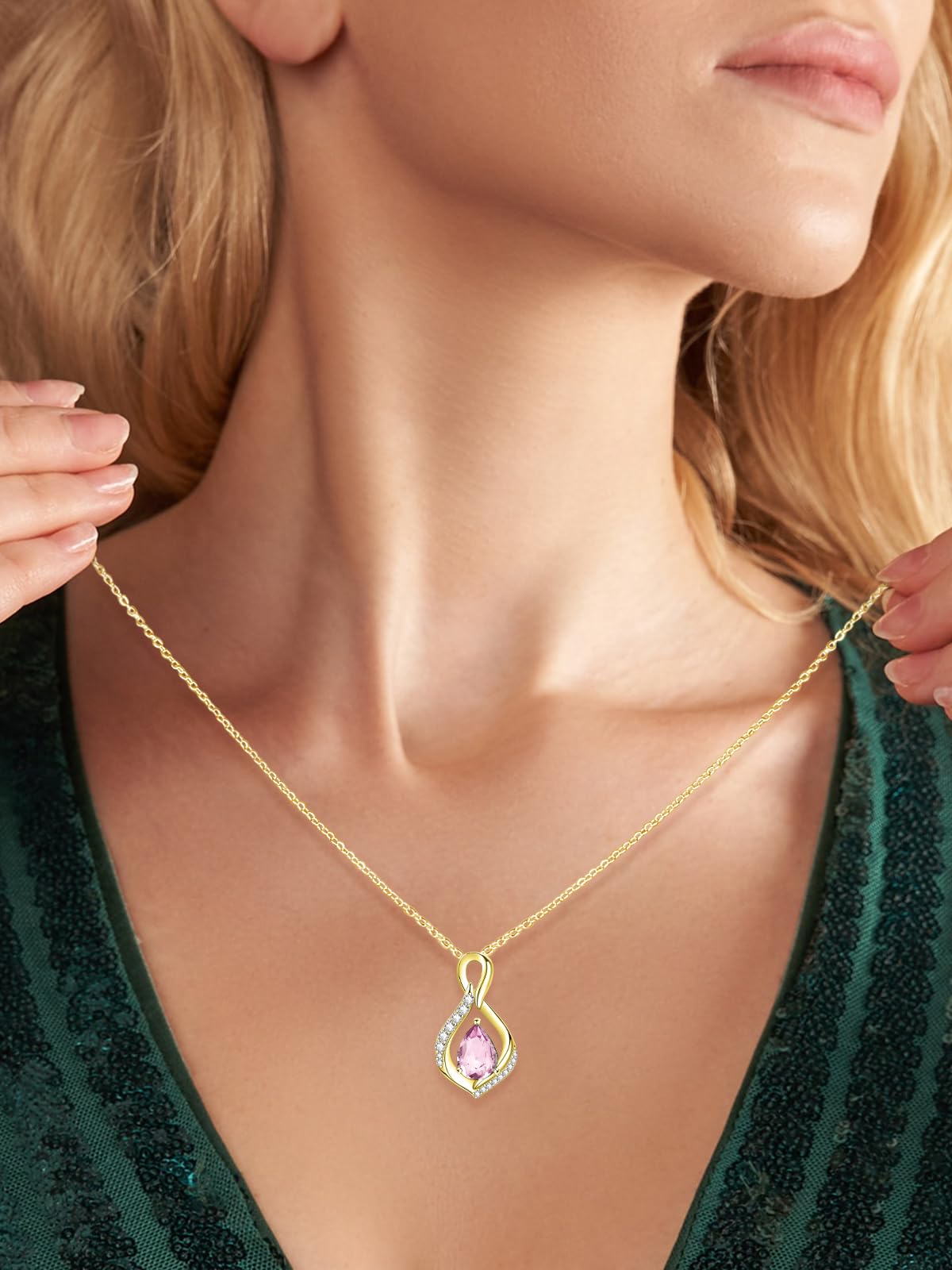 JIYVY32 Pink Tourmaline Infinity Necklace for Women October Birthstone Necklaces 14k Gold Plating Anniversary Birthday Gifts for Wife Her Mom Girlfriend Birthstone Jewelry Gifts for Women