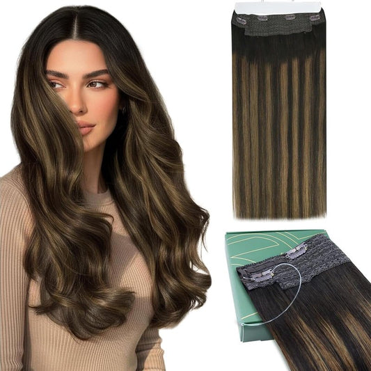 Ugeat Invisible Wire Hair Extensions Dark Brown Balayage Human Hair Extensions Invisible Wire Balayage Medium Brown Ombre Invisible Fish Line Hair Extension for Women Straight Hair 70g 14 inch