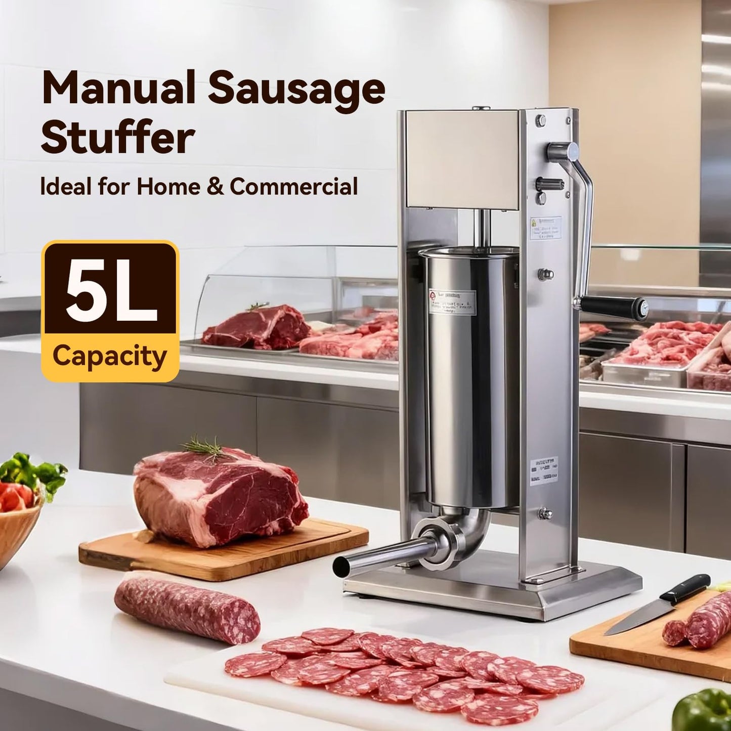 Malphi 11 Lb/5L Sausage Stuffer 2 Speed Stainless Steel Vertical Sausage Maker with 4 Filling Tubes