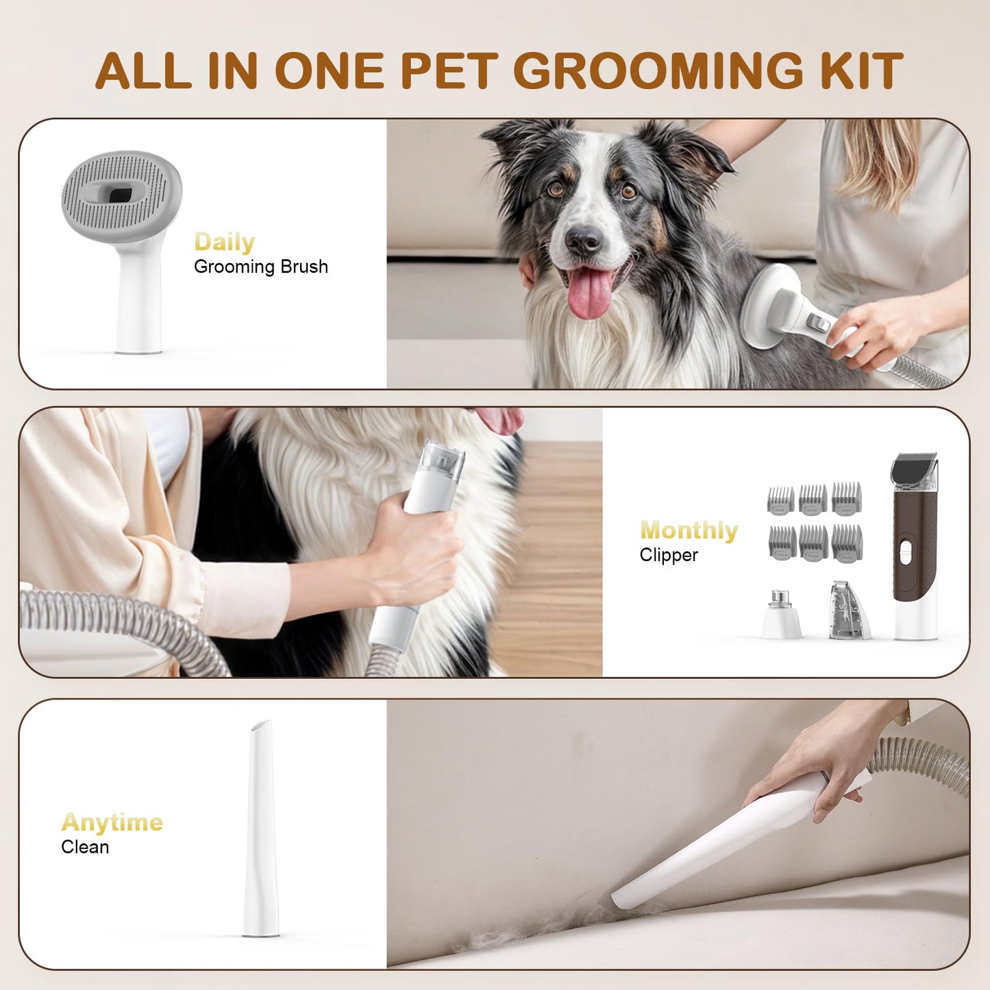Dog Grooming Vacuum, Dog Grooming Kit with Pet Clipper Nail Grinder, 6 Pet Grooming Tools (Tawny)