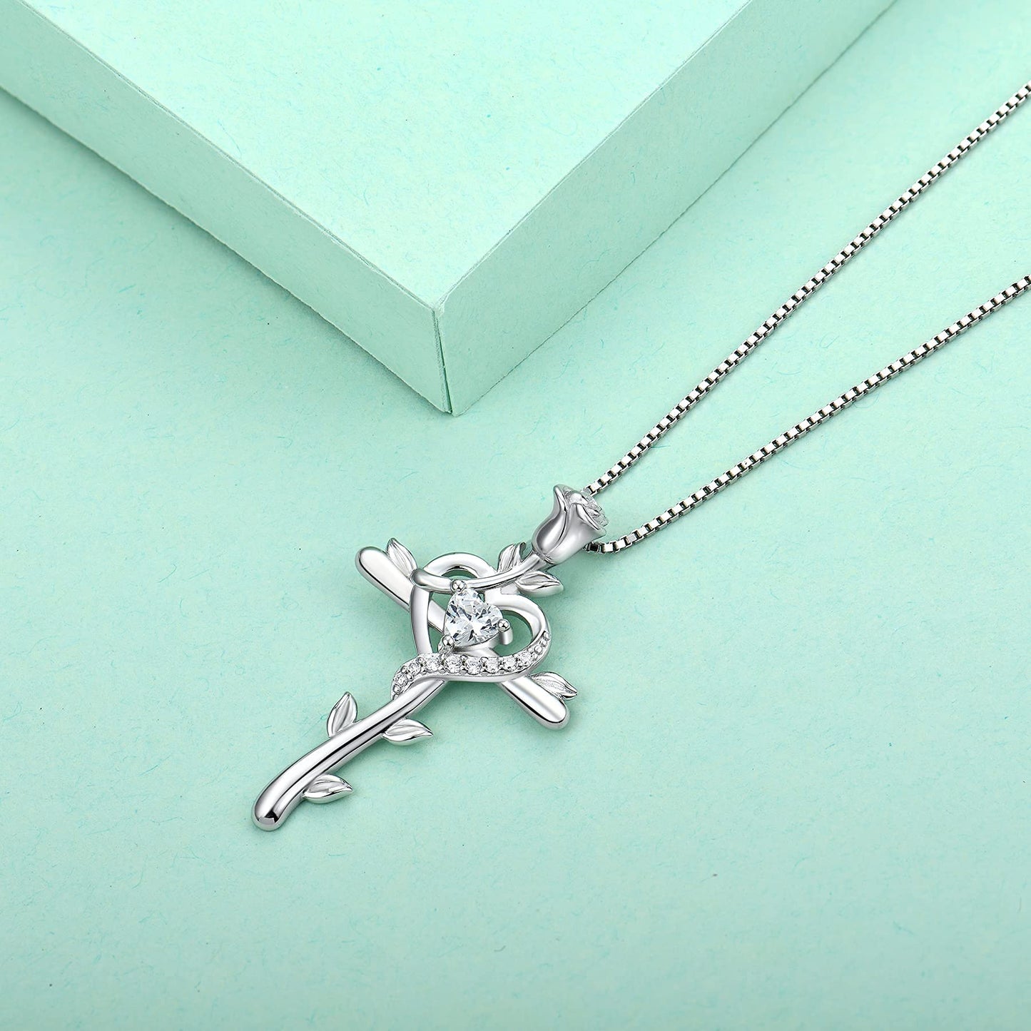 STARCHENIE Rose Cross Necklace 925 Sterling Silver Heart Crucifix Pendant Cubic Zirconia Jewelry for Women