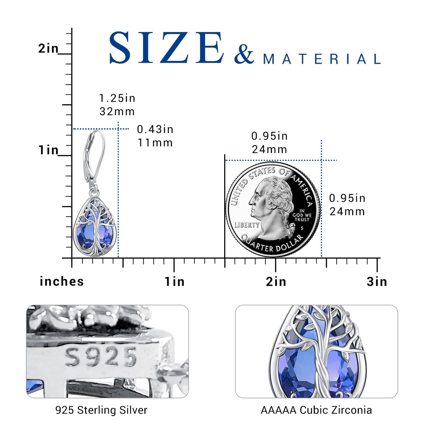 Eusense Tree of Life Dangle Earrings 925 Sterling Silver Jewelry Teardrop Dangle Tanzanite Earrings for Women Leverback Birthstone Jewelry Gift