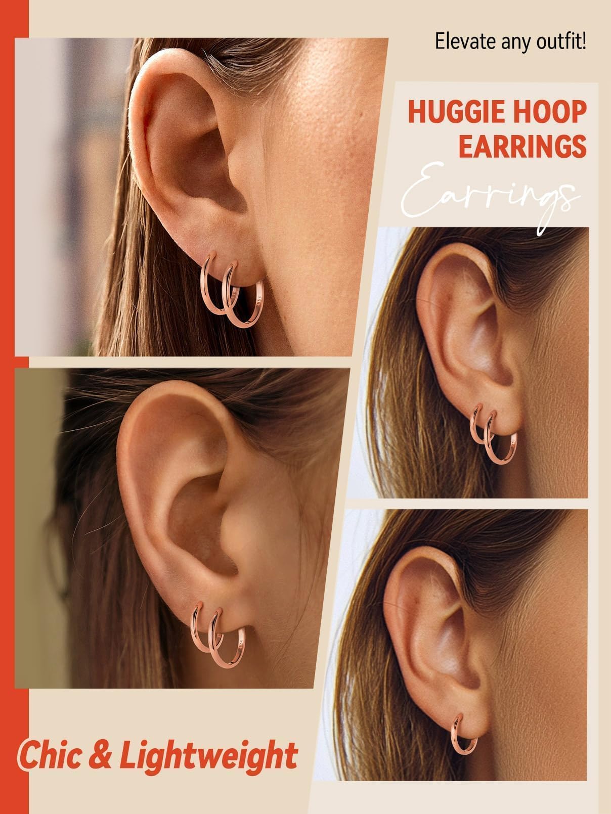 FaithHeart 925 Sterling Silver Huggie Hoop Earrings, Small Silver Hoop Earring for Women, Rose Gold Hypoallergenic Cartilage Earrings for Women 8mm