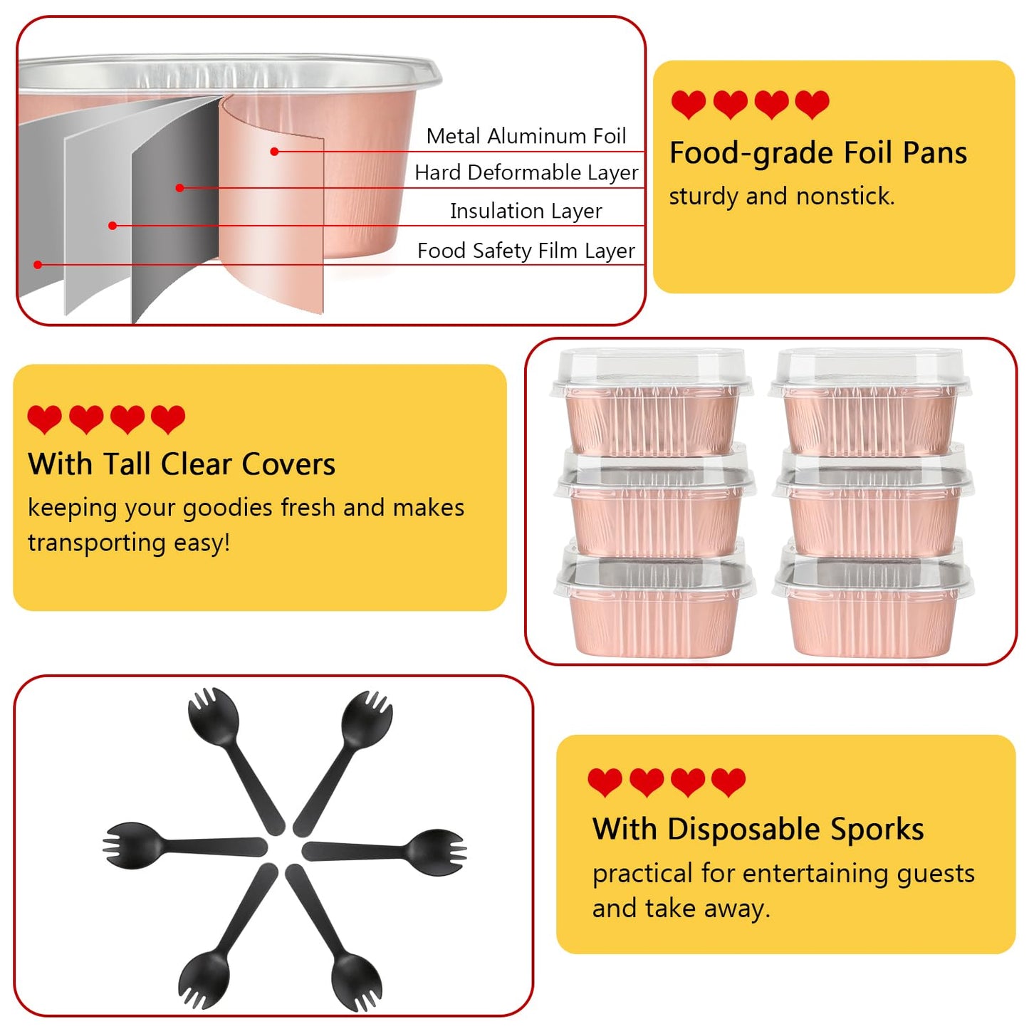 10oz Mini Cake Tins With Lids 40 Pack,LNYZQUS Aluminum Foil Small Baking Pans Disposable Large Brownie Baking Cups,4”x4” Small Bread Muffin Containers Holders For Party-Champagne