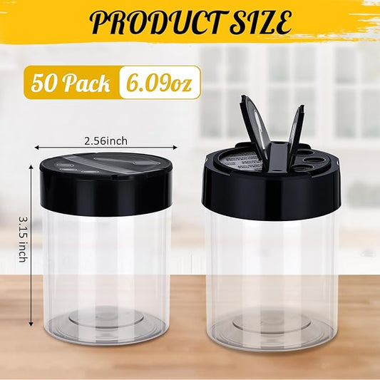 50 Pack 6 oz Plastic Spice Jars with Black Cap Empty Clear Plastic Spice Bottle Containers Reusable Seasoning Jars with Shaker Lids for Kitchen Storing and Dispensing Salt Powders