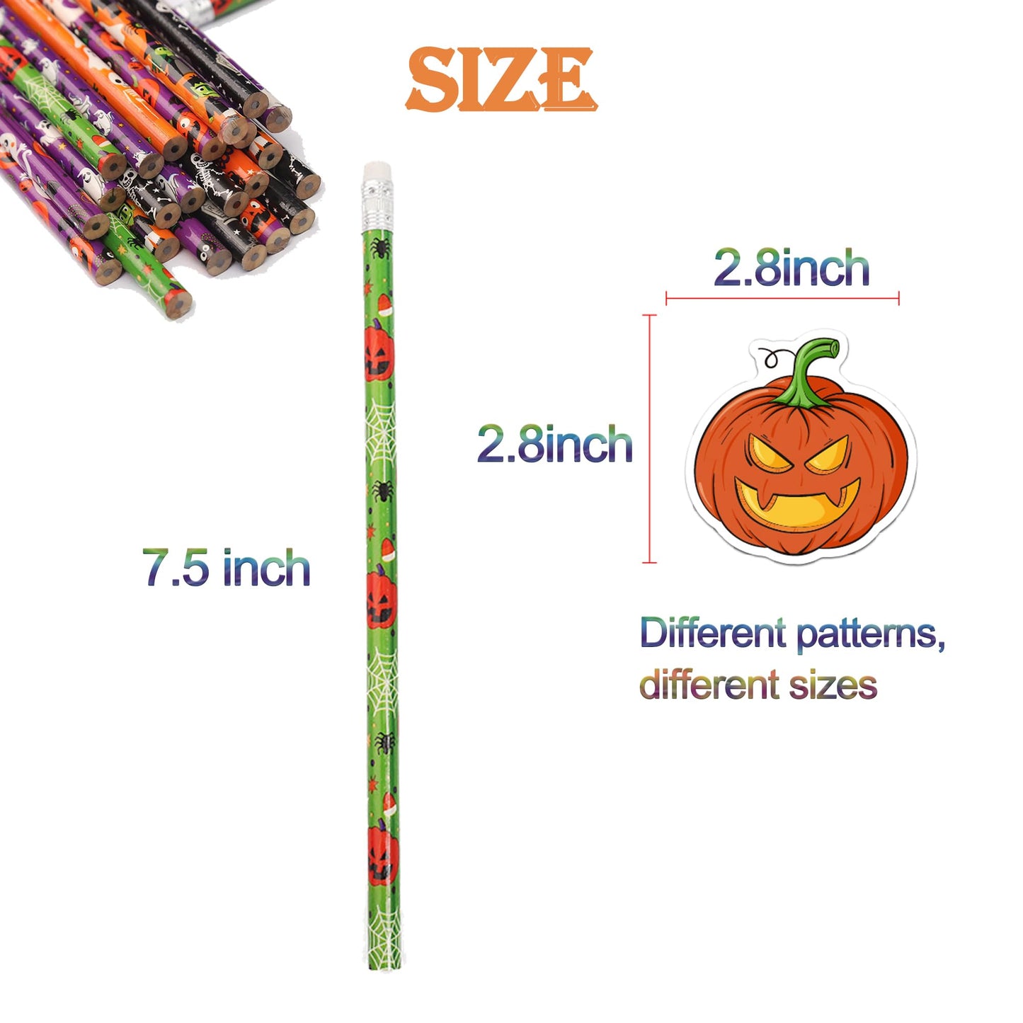 Halloween Pencils and Stickers Bulk Set – 96 Halloween Pencils with Erasers, 6 Spooky Designs + 100 Pumpkin Stickers – Trick or Treat Goodie Bag Fillers, Classroom Prizes, Party Favors Supplies