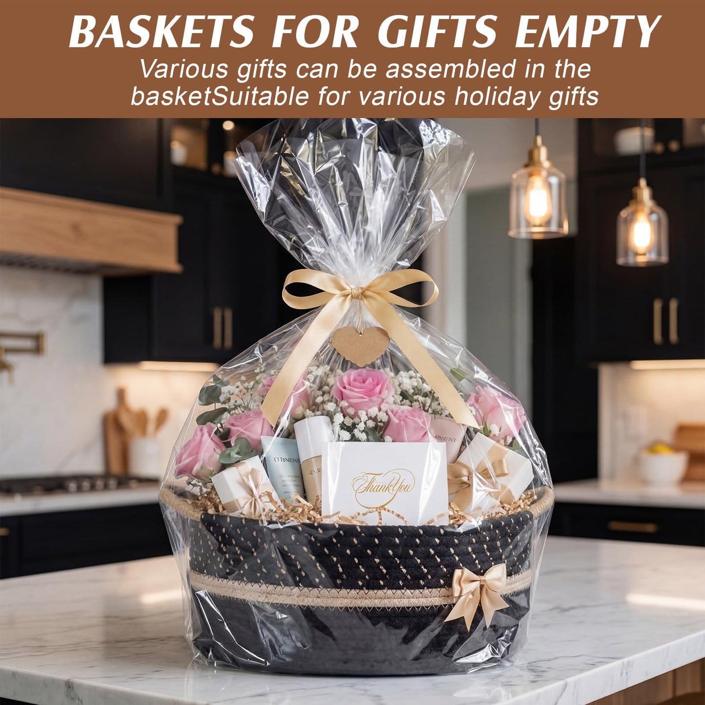 Colingmill Graduation Empty Gift Basket 14 * 10 * 5.5 in Basket with Gift Bag Ribbon and Paper Filler Thank You Card Tag for Graduation Nursery Living Room Shelves Birthday(Black,Jumper Wire)