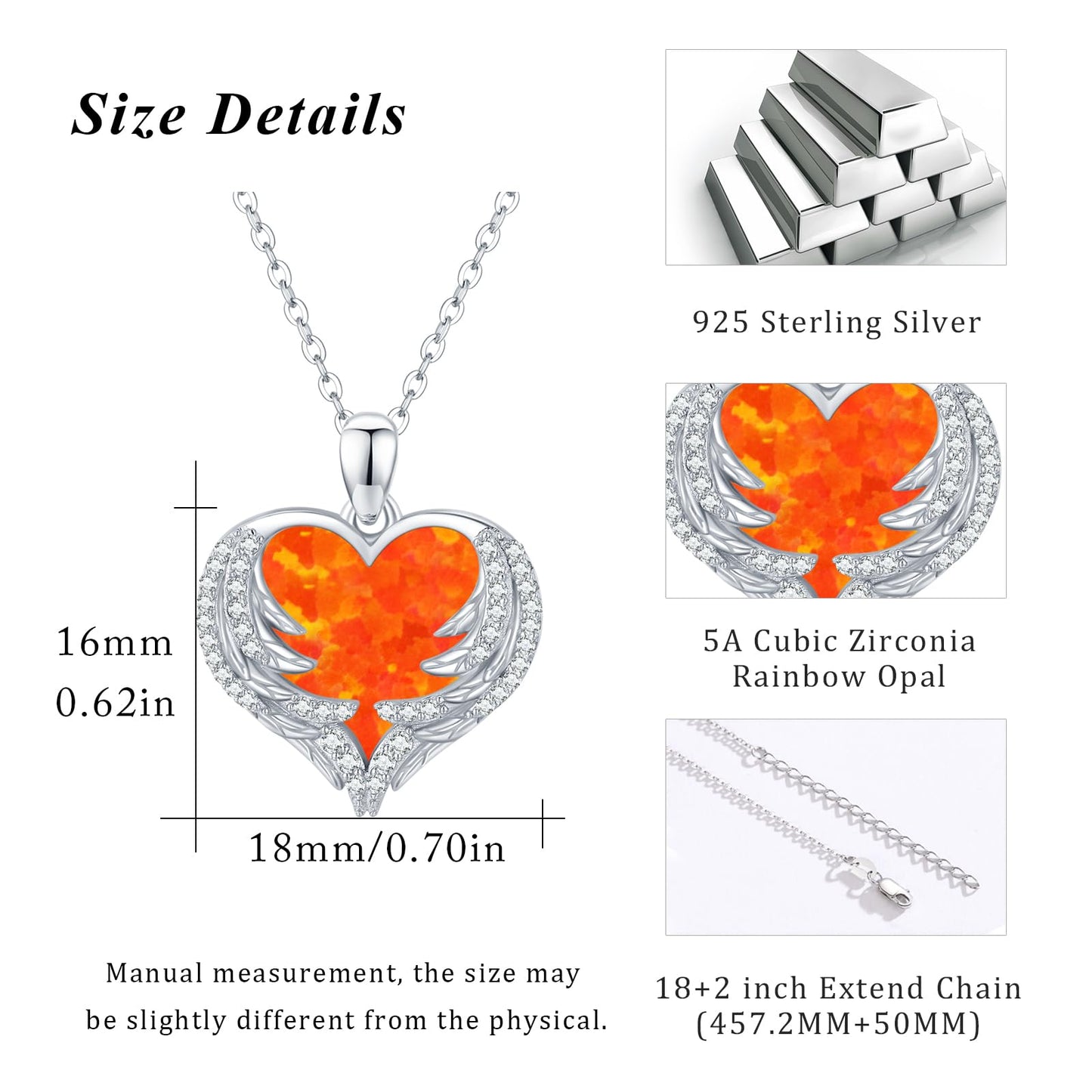 CUOKA MIRACLE Heart Necklace Angel Wing Heart Opal Necklace 925 Sterling Silver Women Necklace Guardian Angel Wings Pendant Necklace Dainty Opal Jewelry Birthday Gifts for Mom Women (Orange Opal Wings)