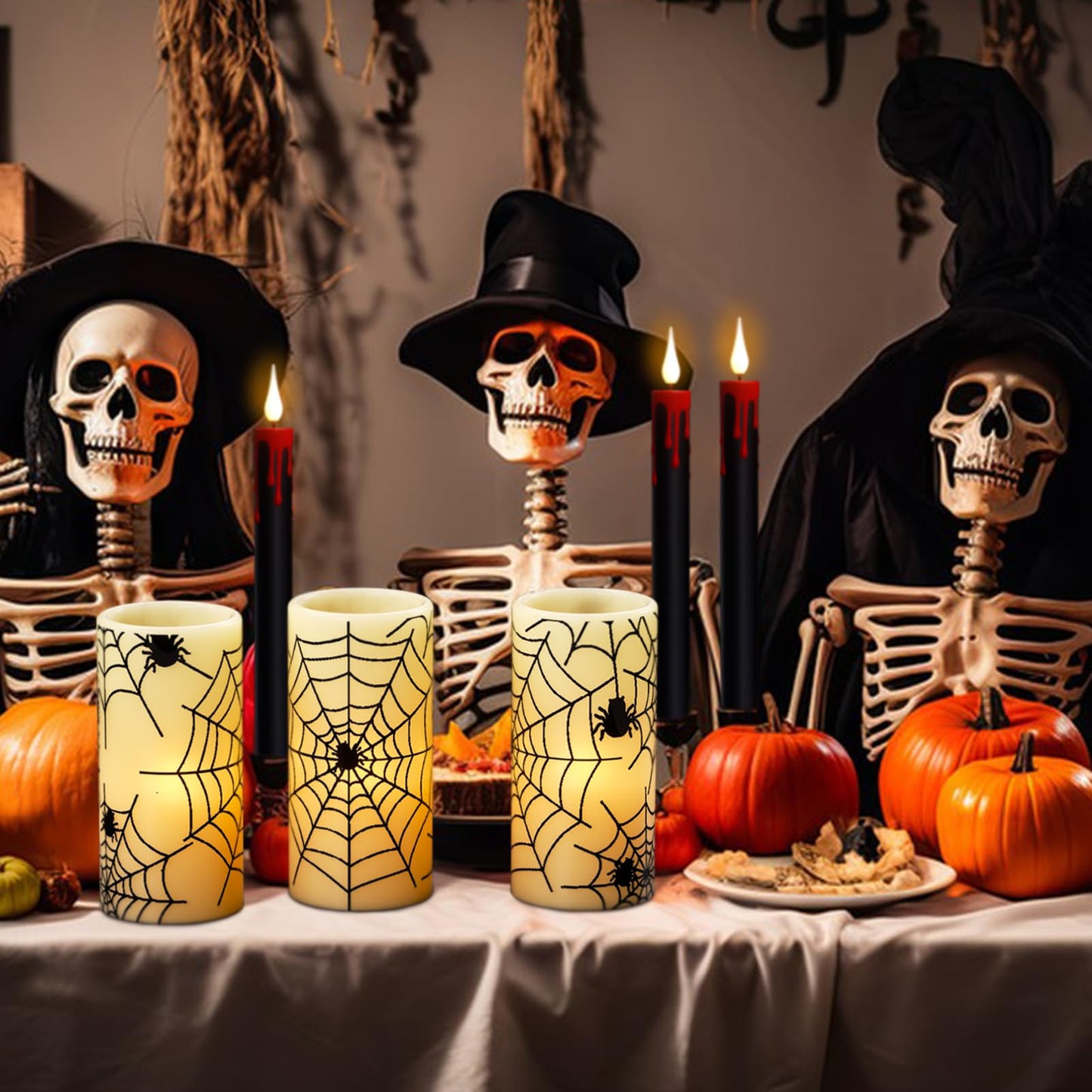 Wondise Halloween Flickering Flameless Candles with Spider Decals, Battery Operated Candles with 6hrs Timer, Real Wax Halloween LED Candles for Horror Spooky Halloween Home Decoration(Set of 3, 3"x6"")"