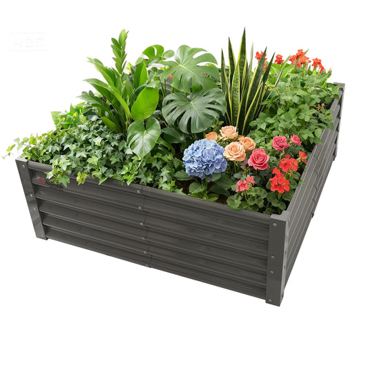 A ANLEOLIFE 4X4X1.5 ft Galvanized Raised Garden Beds Outdoor, Square Metal Planter Box for Planting Vegetables Flowers Herb, Anti-Rust & Easy-Setup, Quartz Grey