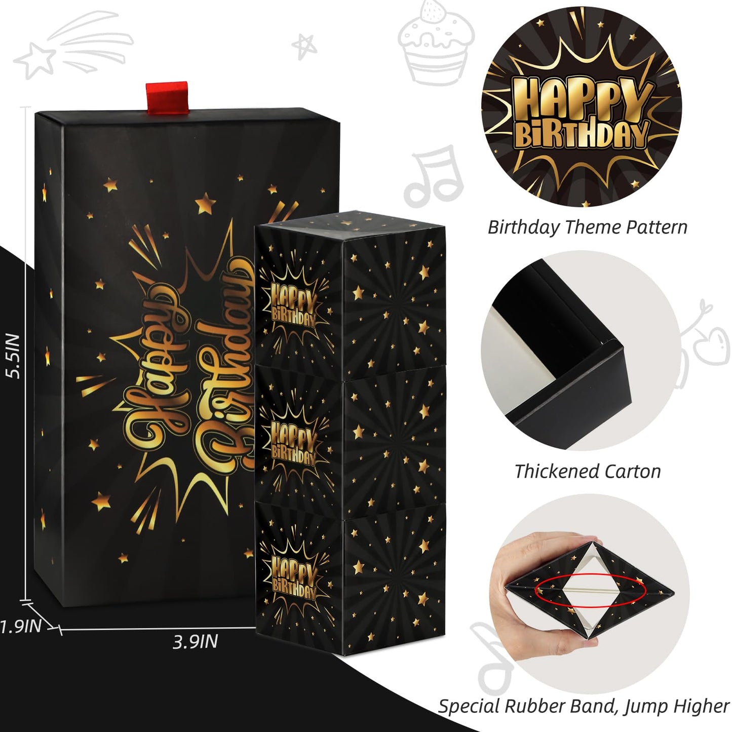 WenmthG Happy Birthday Surprise Gift Box Explosion for Money - DIY Pop Out Folding Bounce Explosion Gift Box with Confetti - Birthday Money Bank - Cash Gift Idea for Women Men Kids (Black Gold)