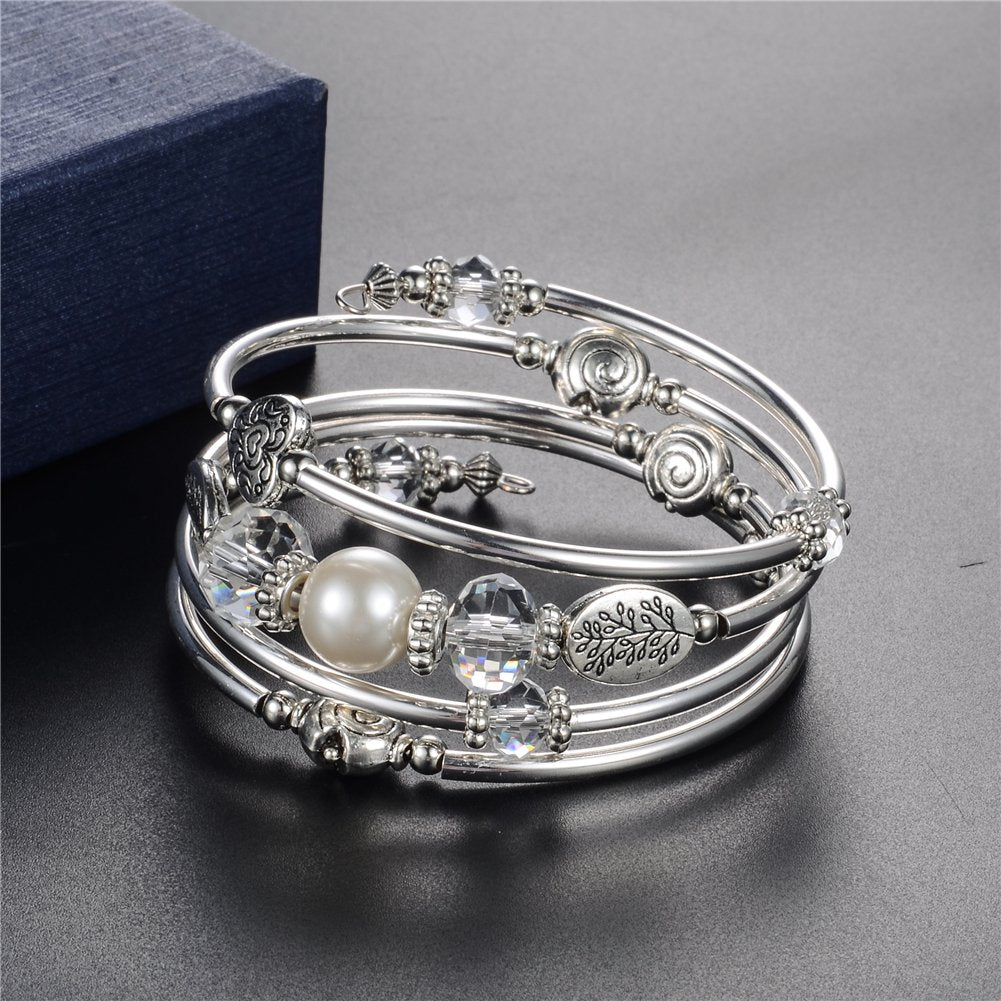 PEARL&CLUB Bead Crystal Wrap Bangle Bracelet - Fashion Jewelry Beaded Bracelet with Silver Metal, Gifts for Women(92-White)