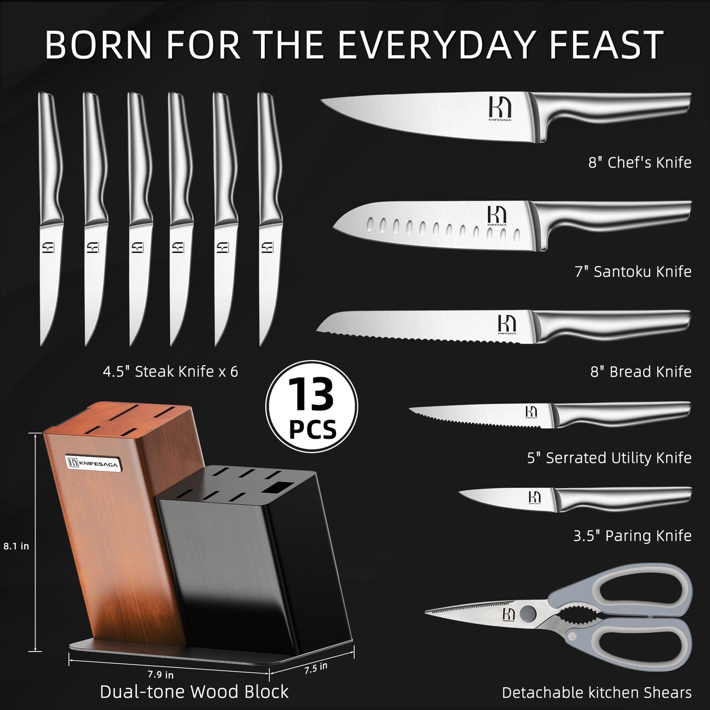 KnifeSaga 2026 Upgraded Knife Set, 13-Piece Japanese High-Carbon Stainless Steel Kitchen Knife Block Set with Ergonomic Handles, Razor-Sharp Blades for Home & Professional Use