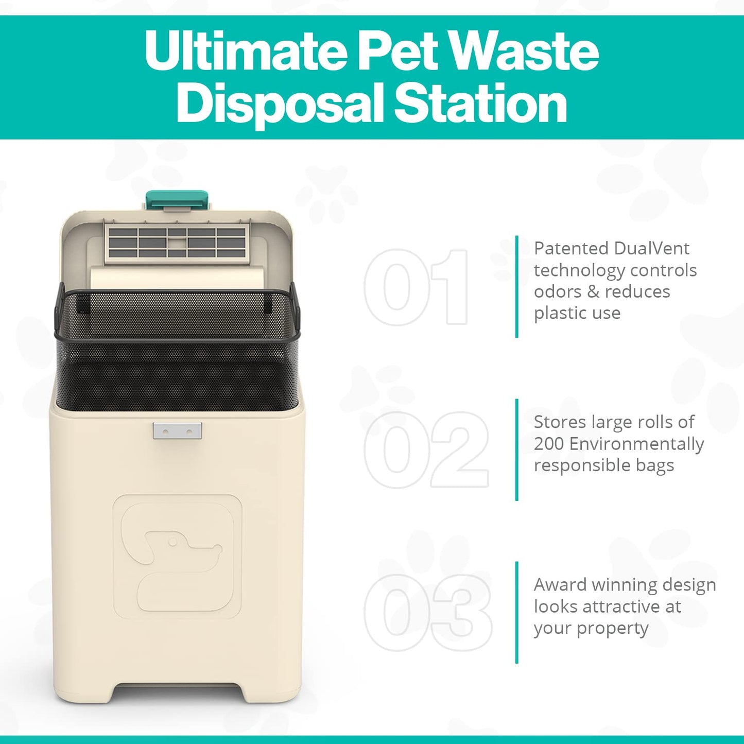 PawPail Pet Waste Station with Activated Carbon Filter and DualVent Odor Control - Outdoor Dog Poop Trash Can with 200 Dog Poop Bags - 19 Liter, Beige