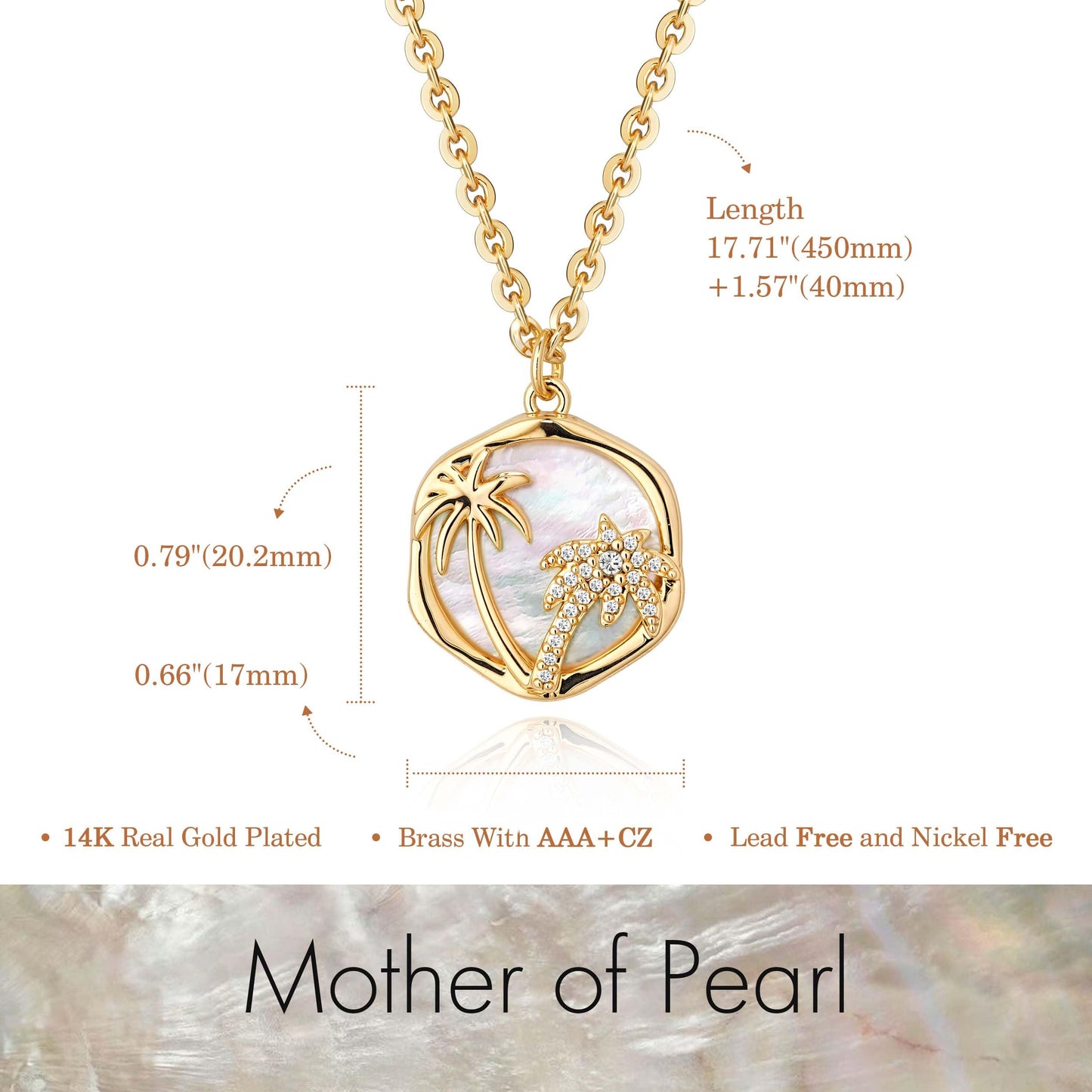 Fettero 14K Gold Plated Necklaces for Women Dainty Mother of Pearl Palm Tree Pendant Charm MOP Gold Coin Necklace Jewelry Gift