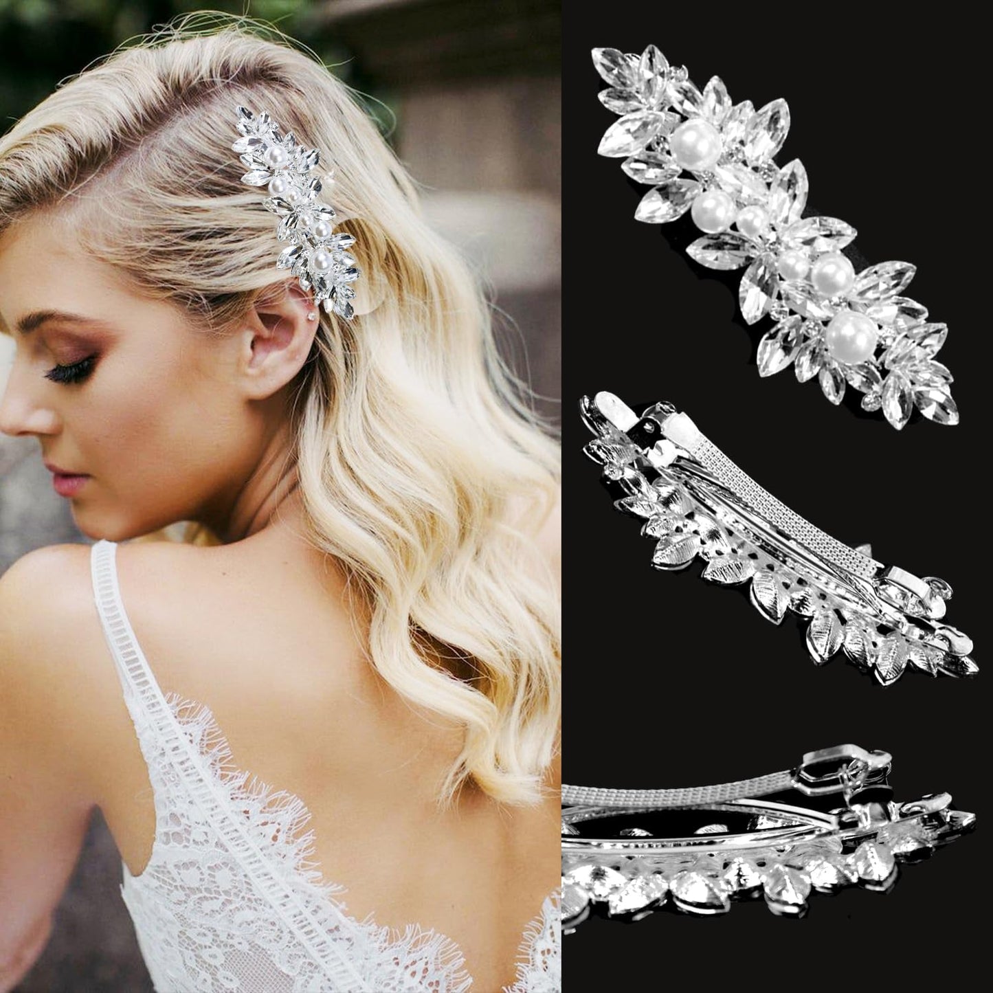 6 Pieces Rhinestone Bridal Hair Clips Leaf Wedding Hair Pins Crystal Bobby Pins Silver Hairpin Jewelry Barrette for Brides Bridesmaids Flower Girls