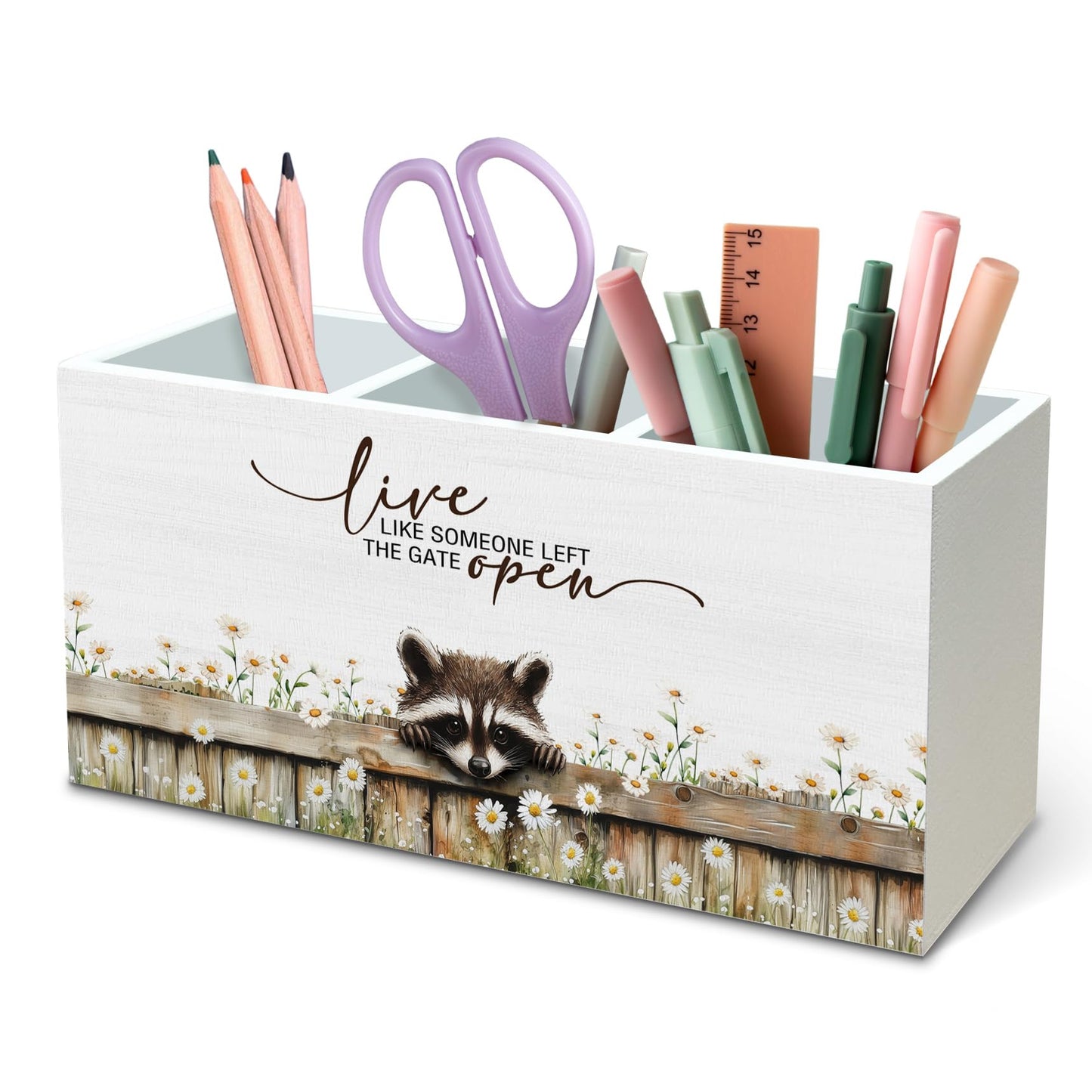 DILSJ Raccoon Inspirational Pen Pencil Holder Organizer For Desk, Raccoon Gifts, Rustic Floral Live Like Someone Left The Gate Open Wooden Box Signs For Home Office Desk Tabletop Decoration