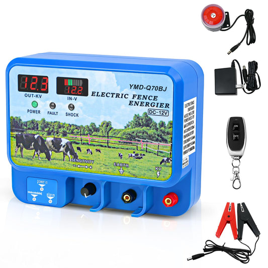 15.5J Electric Fence Charger, 15.5 Joules 600 Acres, AC DC 2 in 1 Powered Supply, Input 12V Output 12KV, with Display Remote and Alarm, Keep Out Predators, Contain Cattle Cow and Livestock