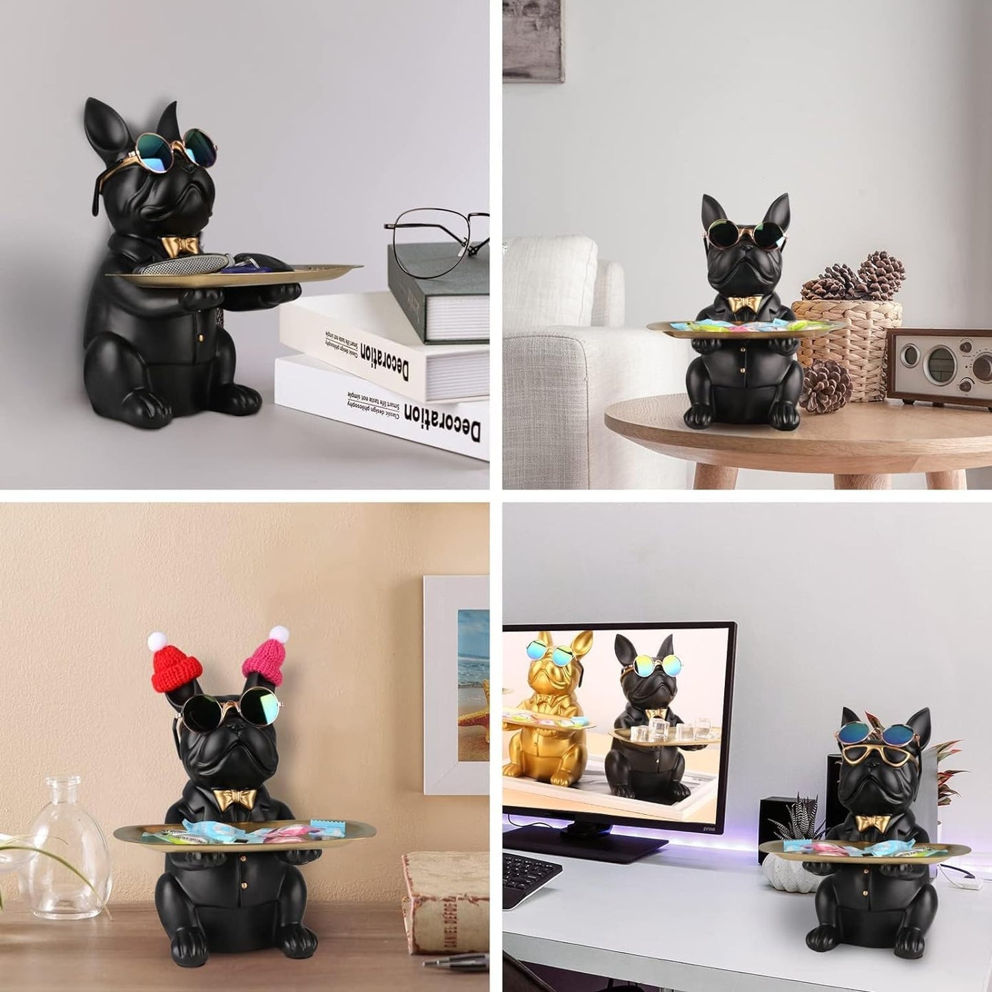 suruim French Bulldog Gifts Key Holder Candy Dish Tray Home Decor Resin Butler Statue Key Bowl Entryway Table Frenchie Dog Sculpture Dining Table Decor Office Small Object Tray (Black)