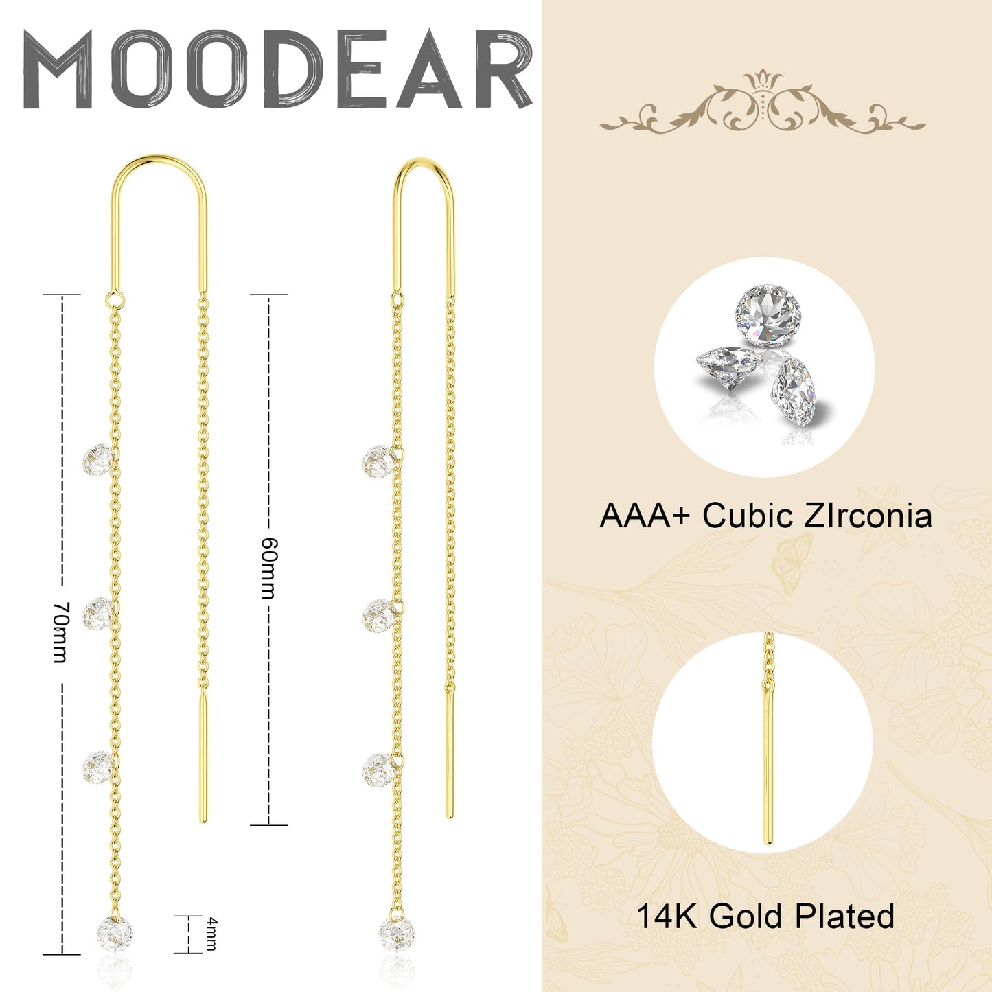 Moodear Dangle Earrings for Women - Trendy 14K Gold Plated Long Chain Earring Non Tarnish Hypoallergenic CZ Drop Earring Dainty Jewelry