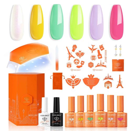 Modelones Gel Nail Polish Kit with U V Light, 6 Colors Hema-free Paris-Themed Summer Gel Nail Polish Set, Base&Top Coat, Decorations Gel Nail Kit Manicure DIY Nail Art Salon Home Gift For Women