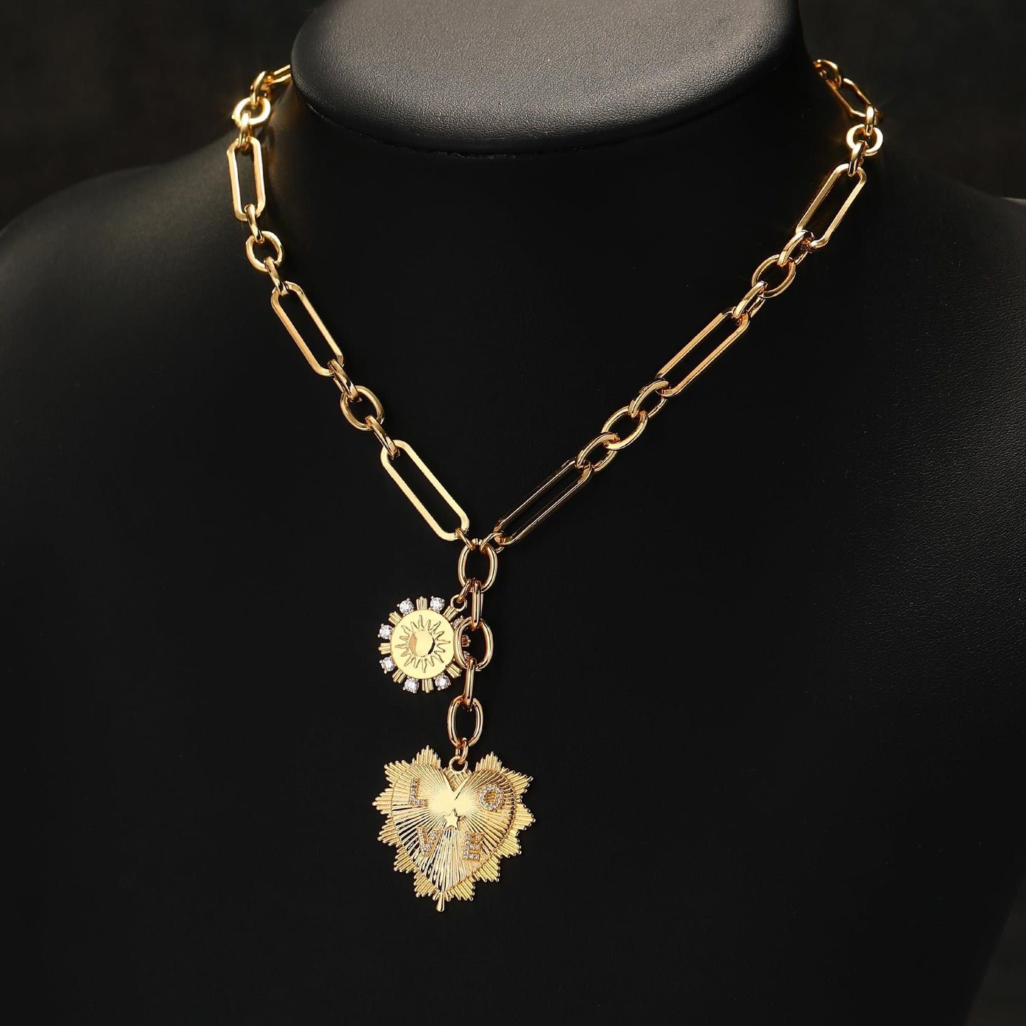 BONJOULRY Chunky Gold Necklace for Women, Trendy Non Tarnish 18K Gold Plated Chunky Heart Necklace Paperclip Chain Statement Charm Necklaces Birthday Gifts for Women Jewelry