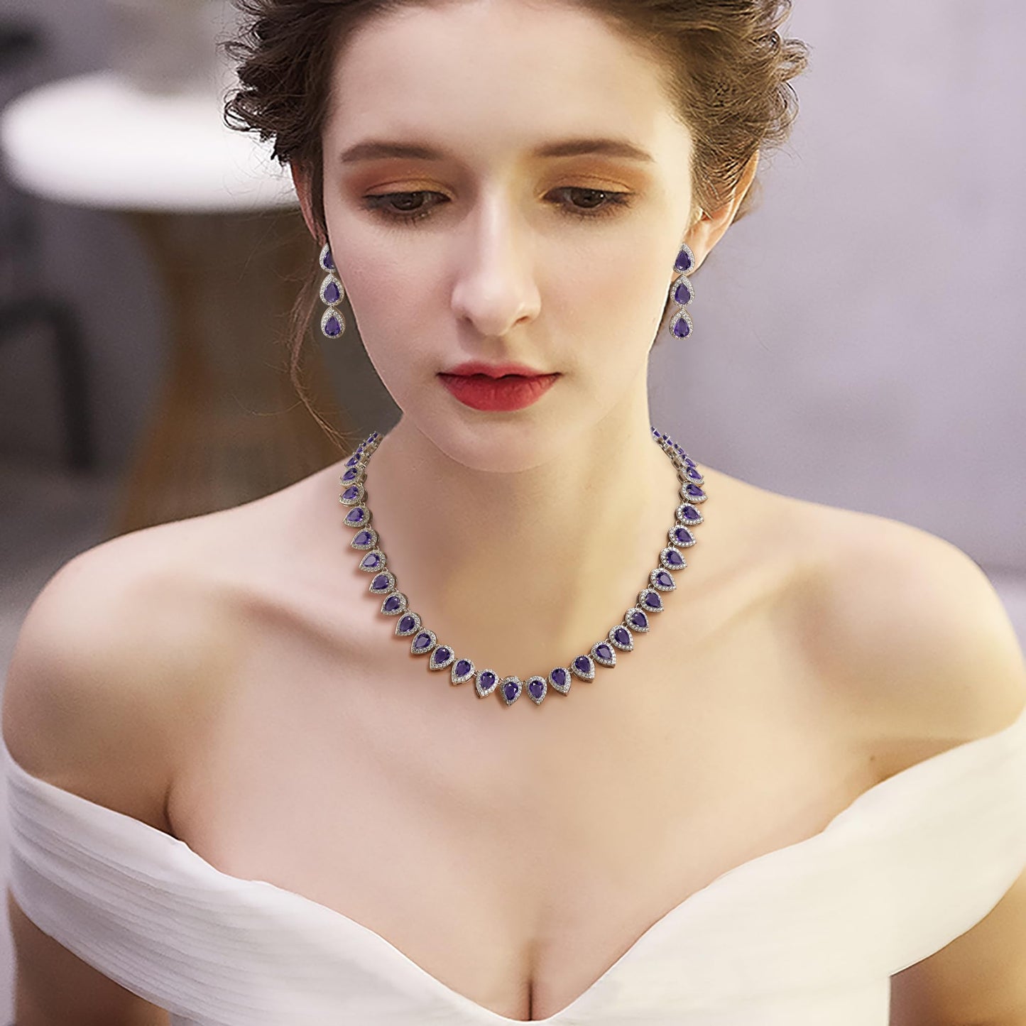 EleQueen Women's Wedding Bridal Full Prong Cubic Zirconia Teardrop Necklace Earrings Set for Brides Bridesmaids Amethyst Color