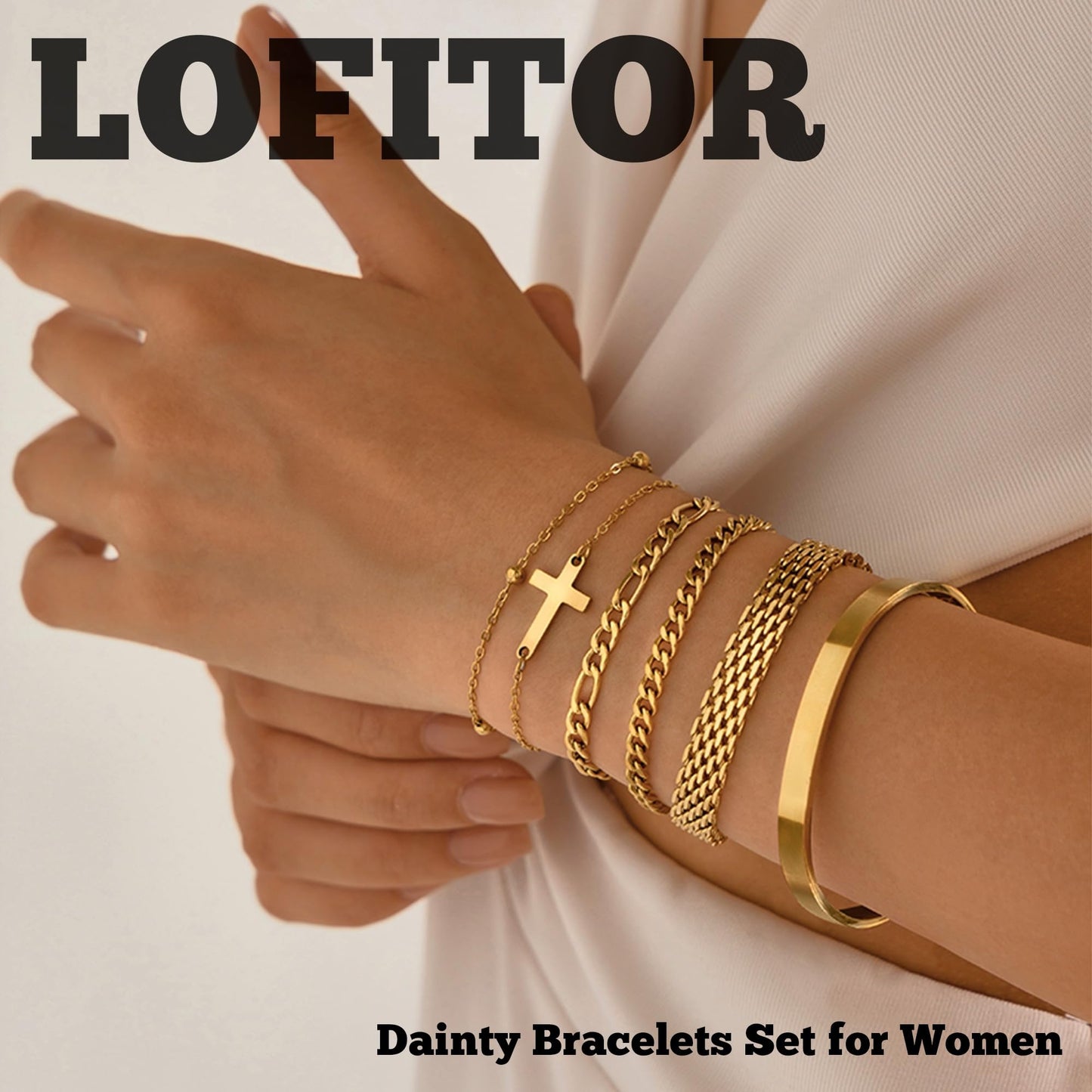 LOFITOR Gold Bracelets for Women Dainty Non Tarnish Link Chain Bracelets Set for Women Trendy Adjustable Chunky Thin Bracelets Stack Layered With Cuff Beaded Cuban Rope CZ Heart Cross Jewelry Gifts Cross