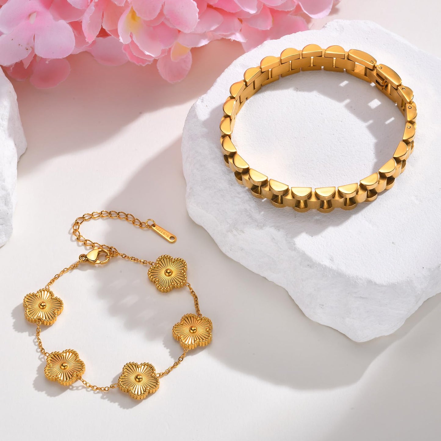 Stackable Gold Floral Bracelets Set , 2pcs 18K Gold Plated Bracelet Non-Tarnish,Stainless Steel Link Chain Friendship Bracelet,Watch Band Trendy Jewelry,Christmas Valentines Birthday Gifts for Women