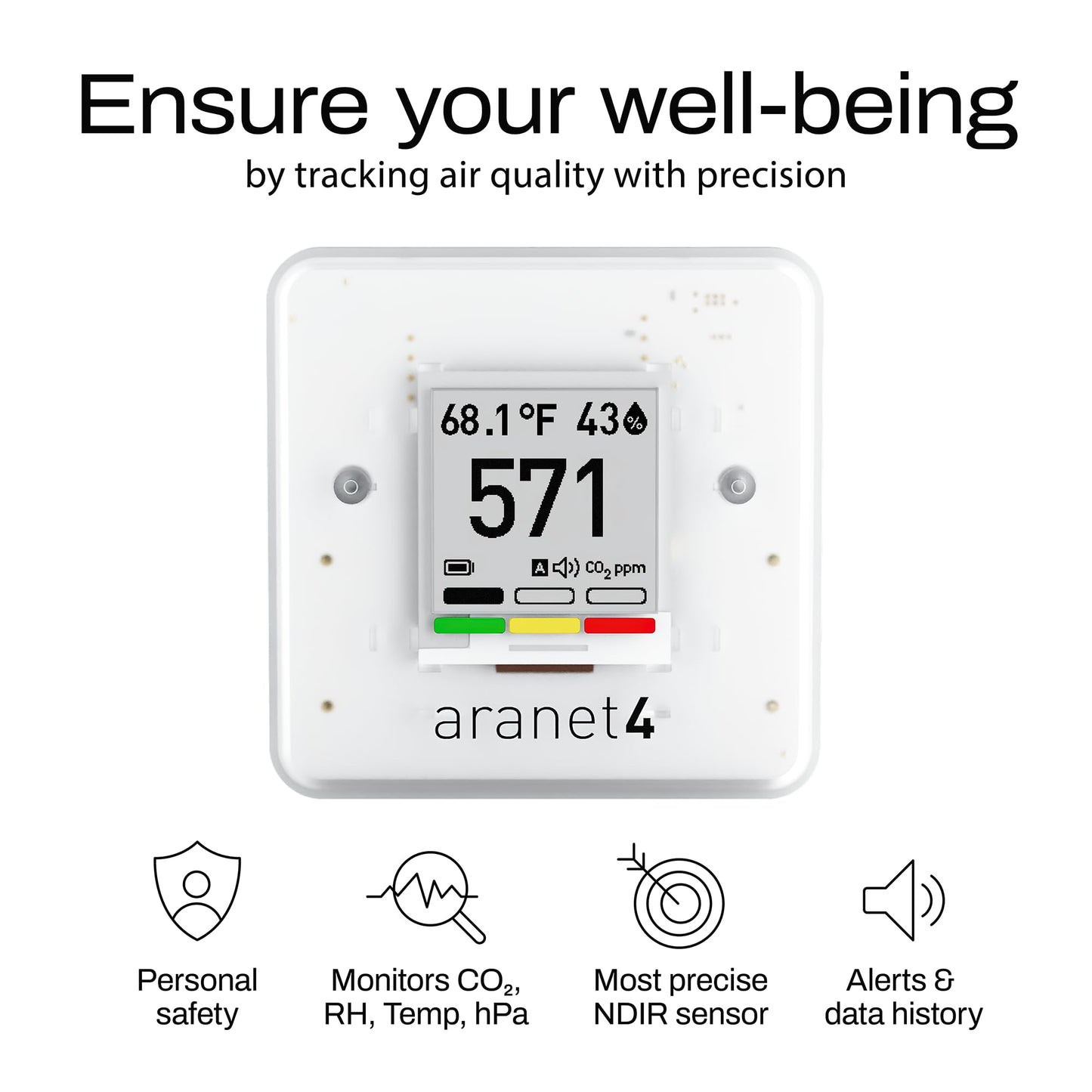 SAF Aranet4 Home: Wireless Indoor Air Quality Monitor for Office or School (CO2, Temperature, Humidity and More) Portable, Battery Powered, E-Ink Screen, App for Configuration & Data History