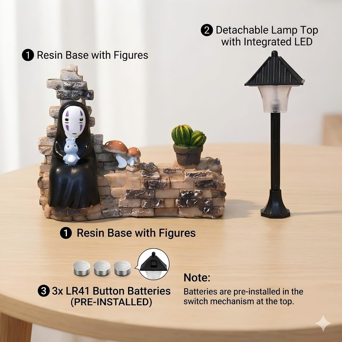 No Face Lamp, No Face Night Light Battery Operated Resin Mini Lamp, Warm White Decorative Desk Light for Bedroom, Bookshelf, Home Decor, Gift for Anime Fans
