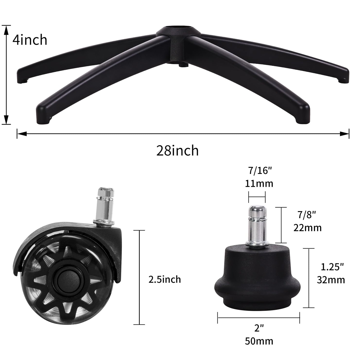 Frassie Office Gaming Chair Metal Base Replacement with 5 Wheels Bell Glides Replacement, 28 Inch Heavy Duty 2500 Lbs Universal Computer Chair Stool Base Part (Black)