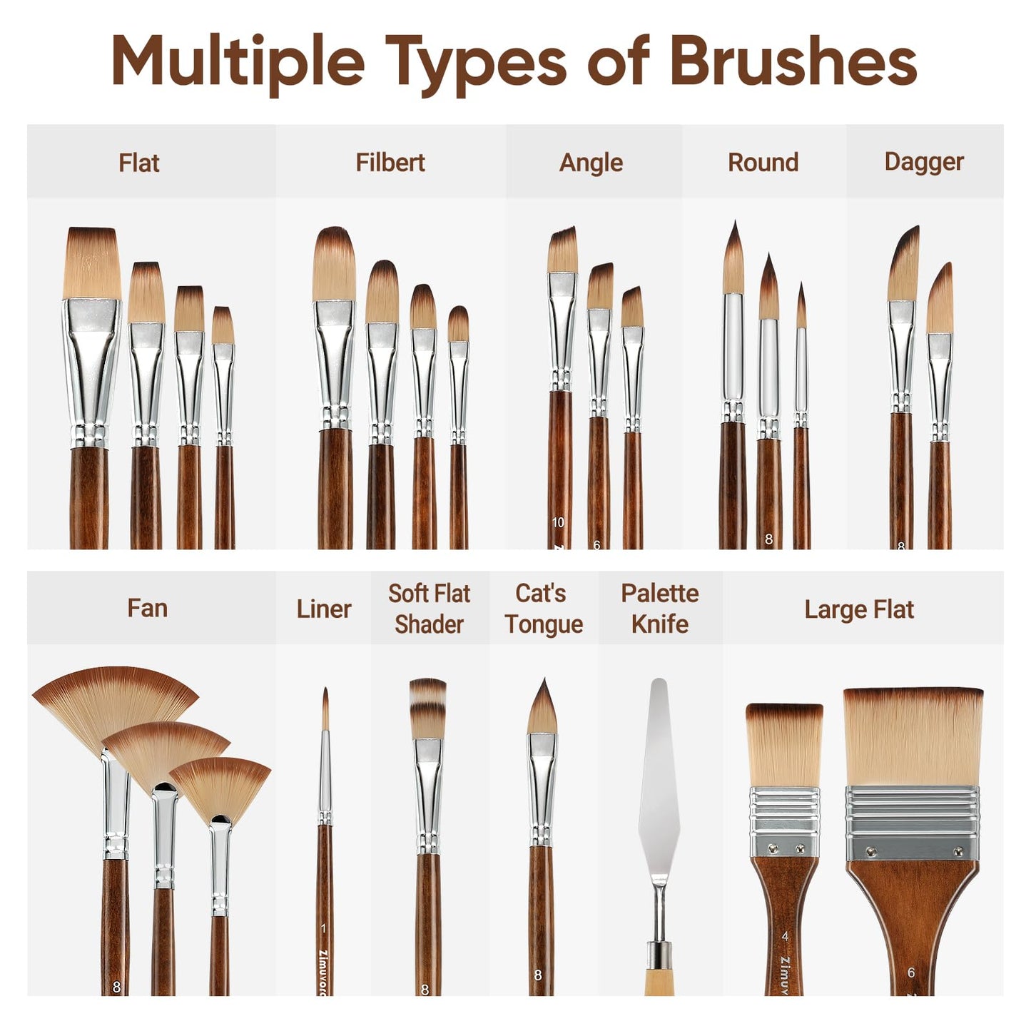 Zimuvora 25pcs Paint Brush Set, Professional Paint Brush Set with Cloth Roll and Paint Spatula, Nylon Brushes for Acrylic Painting,Watercolor,Oil,Gouache, Art Supplies for Beginners and Artists (Wood)