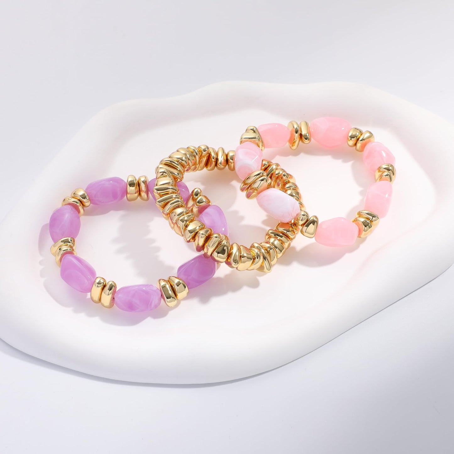 Sajidos Gold Plated Beaded Bracelets for Women Trendy, 14K Gold Plated Stack Cross Pearl Gold Plated Bead Stretch Bracelets Set Elastic Hypoallergenic Bracelets Jewelry Gifts (style13-pinkpurple)