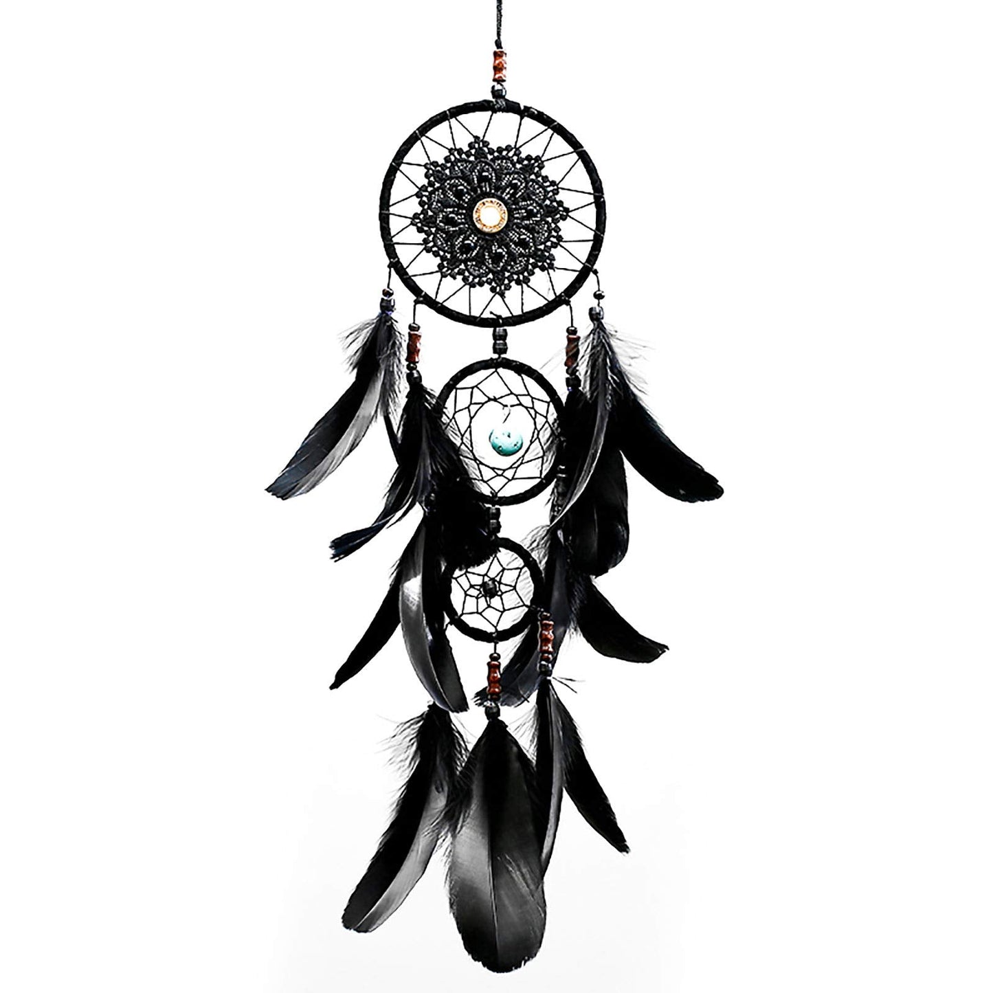 Pretty Jolly Black Gothic Dream Catcher Wall Decor Handmade Woven Feather Macrame Dream Catchers Wall Hanging for Bedroom,Living Room,Wedding Party,Home Decor-Black 3 Rings 22.4"