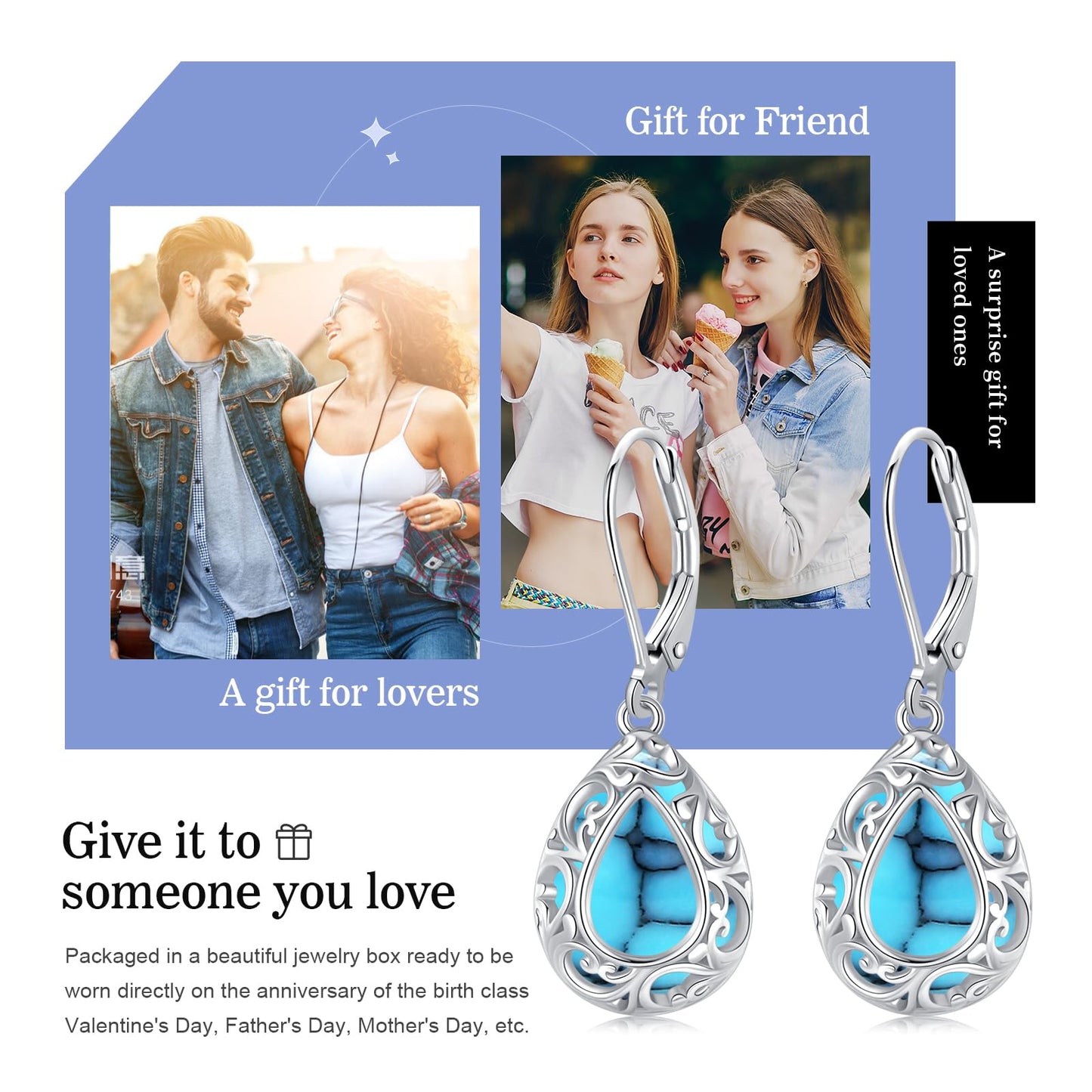 KoyeKei Filigree Turquoise Leverback Earrings for Women 925 Sterling Silver Turquoise Teardrop Dangle Drop Earrings Filigree Jewelry Birthday Graduation Gifts for Lover Her Best Friend
