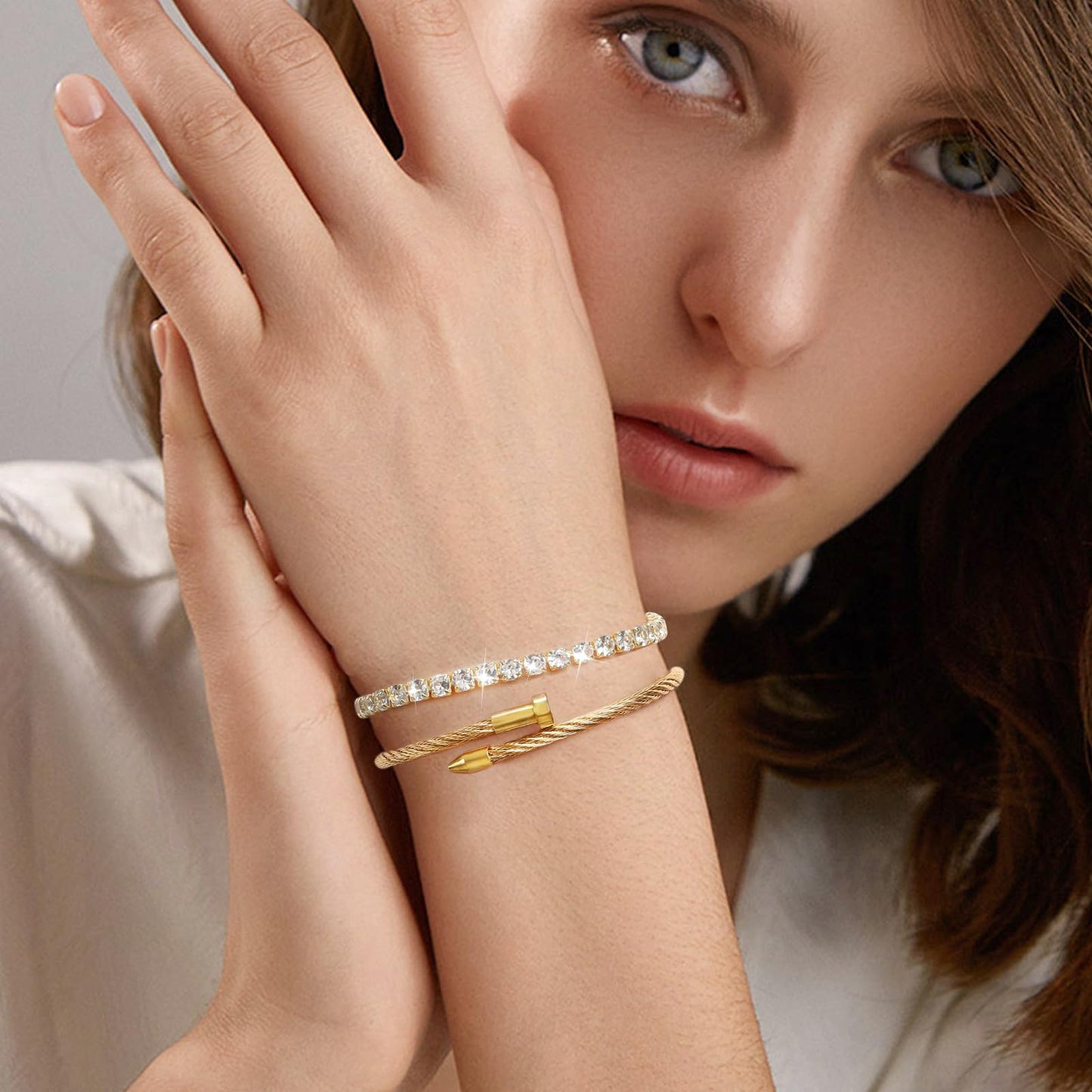LCTrusttmor Gahna 18K Gold Plated Bangle Bracelet for Women, Non-Tarnish Stackable Nail Hand Chain Set, Dainty Adjustable Tennis Cubic Zirconia Bracelets for Women, Trendy Jewelry Mother's Day Birthday Gifts for Lover Mom Her