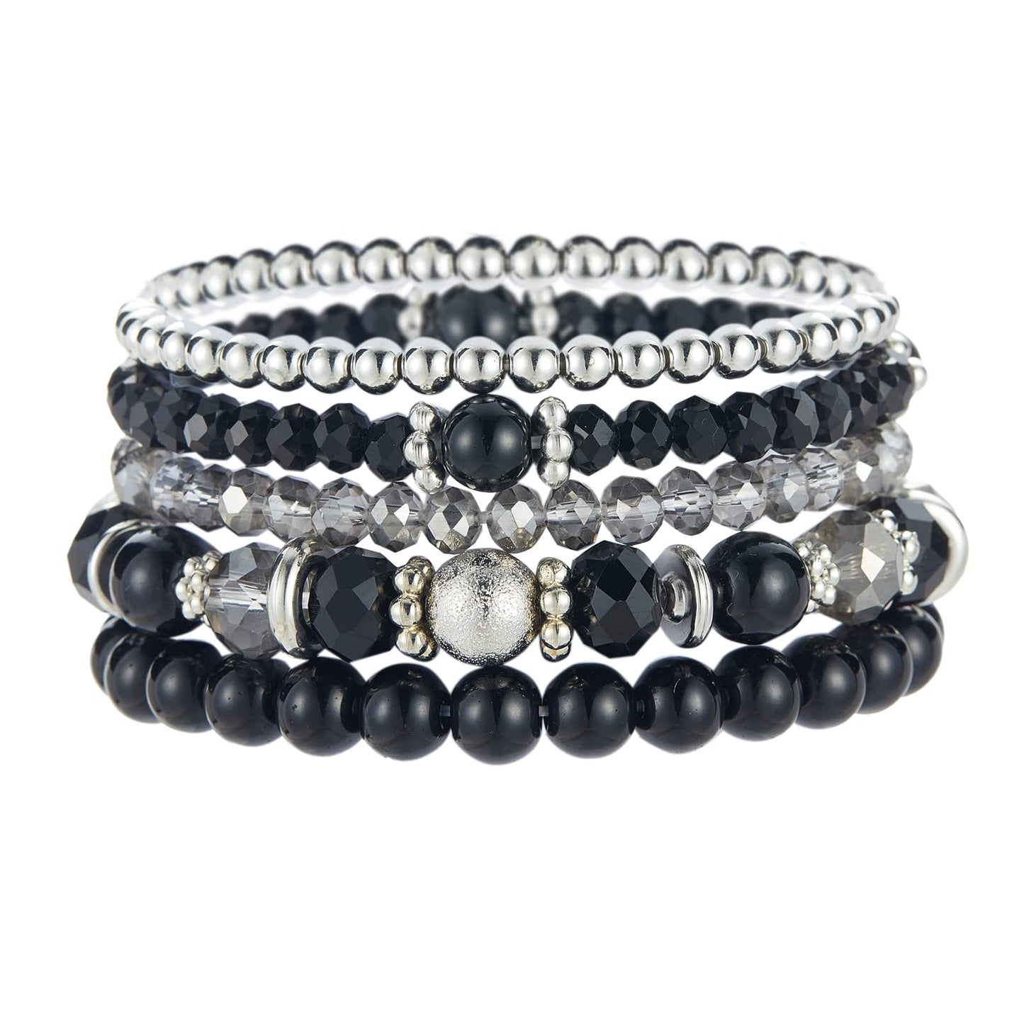 Noessla Beaded Pearl Stretch Bracelet Silver Stackable Crystal Beads Bracelets Trendy Costume Jewelry Mothers Day Gifts for Women(Black)