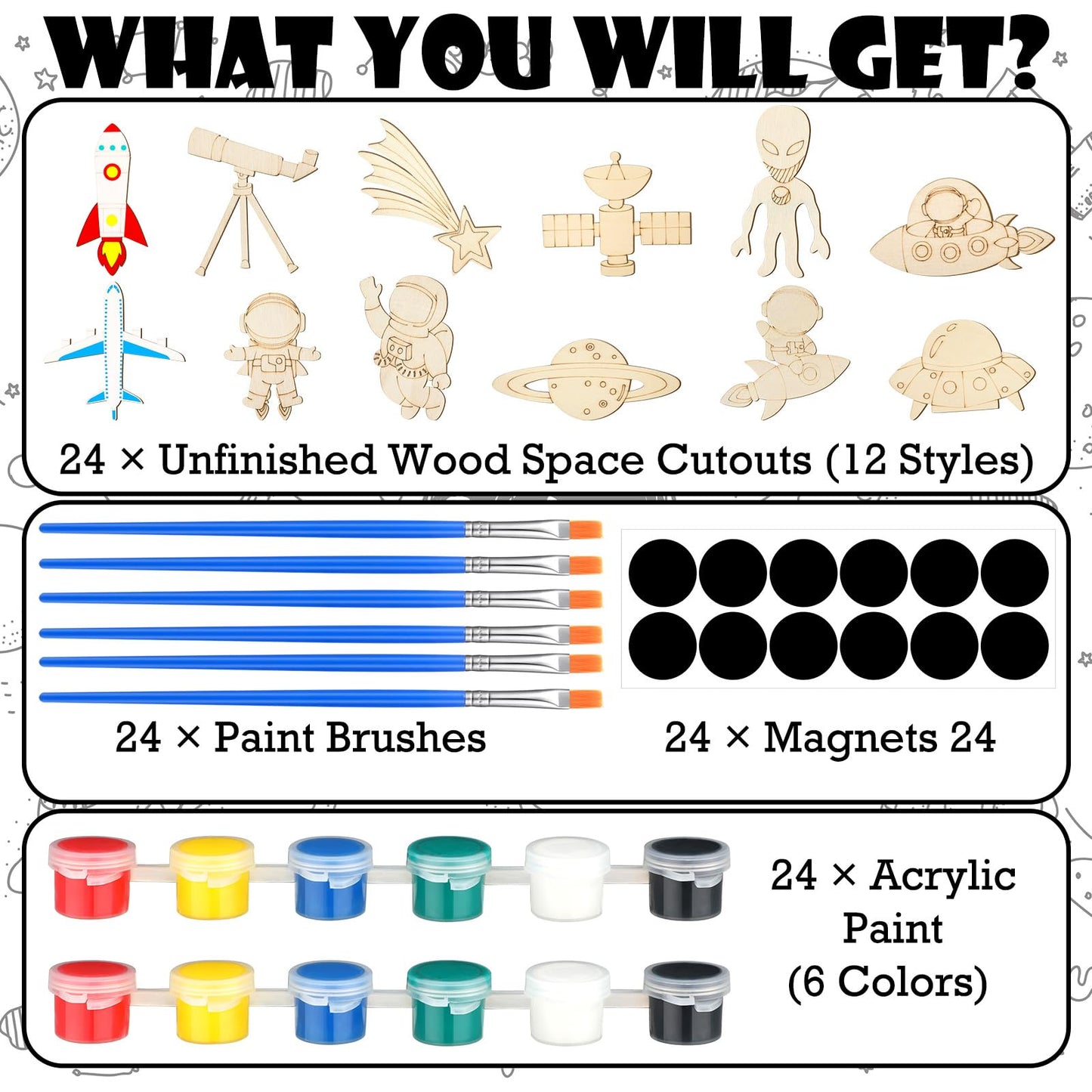 JellyArch 24 Pcs Unfinished Wood Cutouts Space Paint Kit Set and DIY Crafts for Classroom School Birthday Gifts Paint Your Own Painting Bulk Kits and Crafts